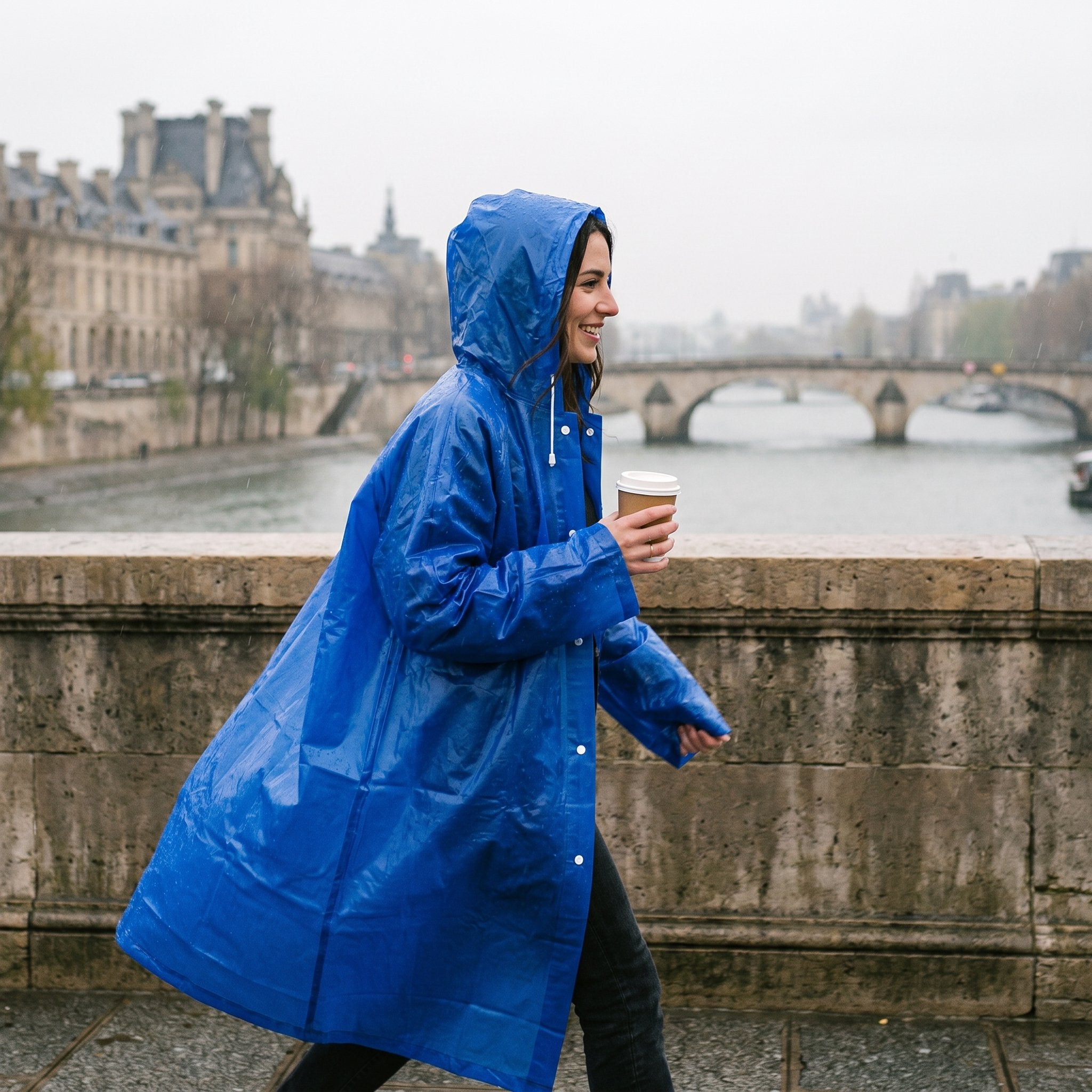 Poncho de pluie long bleu roi porté par une personne marchant sur un pont avec une tasse de café.