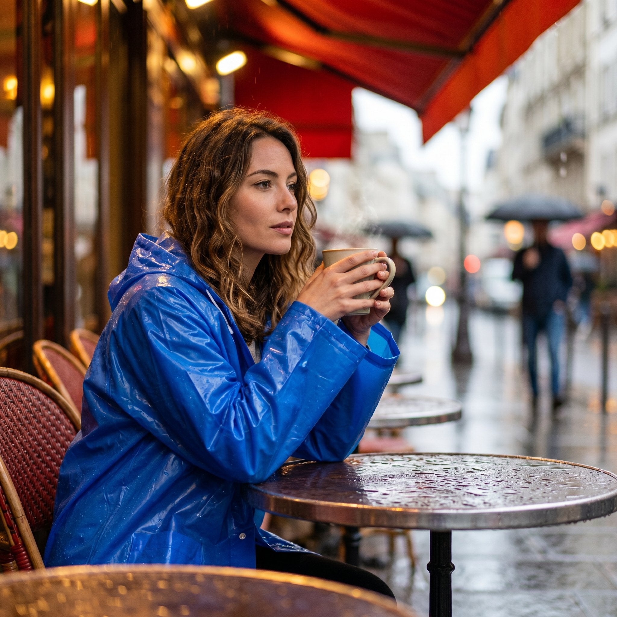 Poncho de pluie long bleu roi porté par une personne assise à une table de café en terrasse.