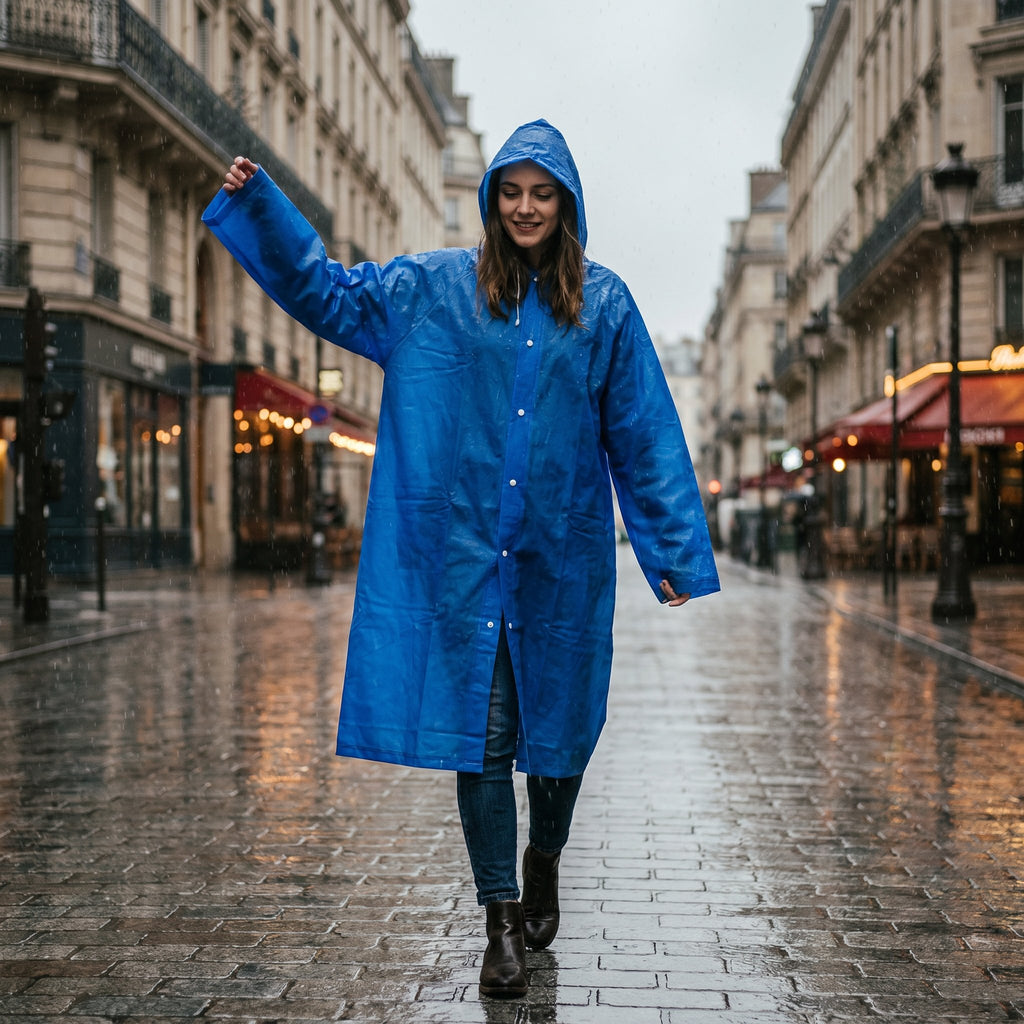 Poncho de pluie long bleu roi porté par une personne marchant souriante sur une rue pavée.