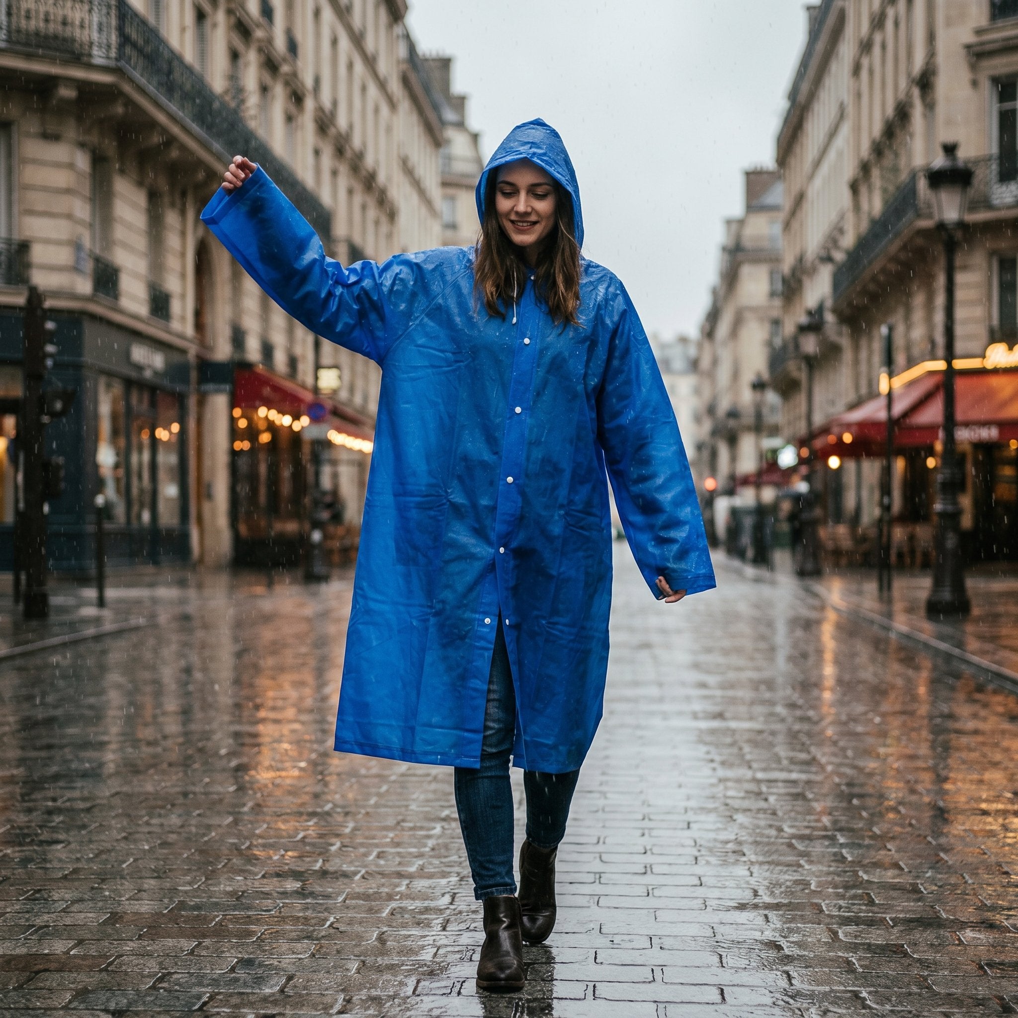 Poncho de pluie long bleu roi porté par une personne marchant souriante sur une rue pavée.
