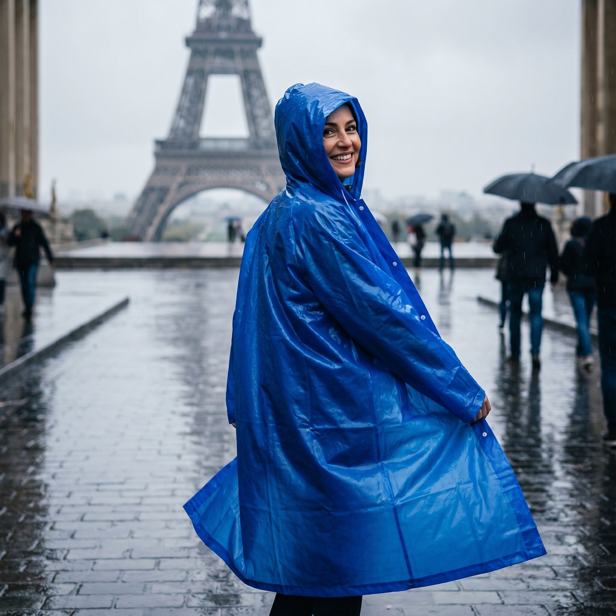 Poncho de pluie long bleu roi porté par une personne souriante se retournant, avec un monument en fond.