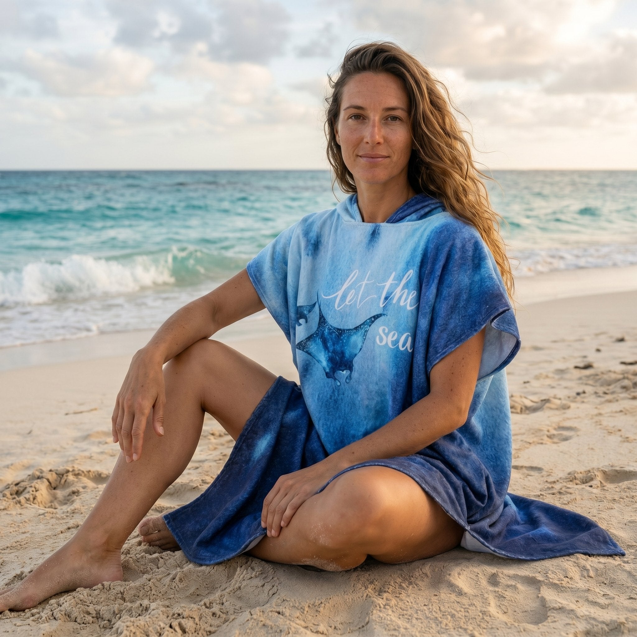 Poncho serviette à capuche motif raie manta, porté par une femme assise sur le sable face à l'océan.