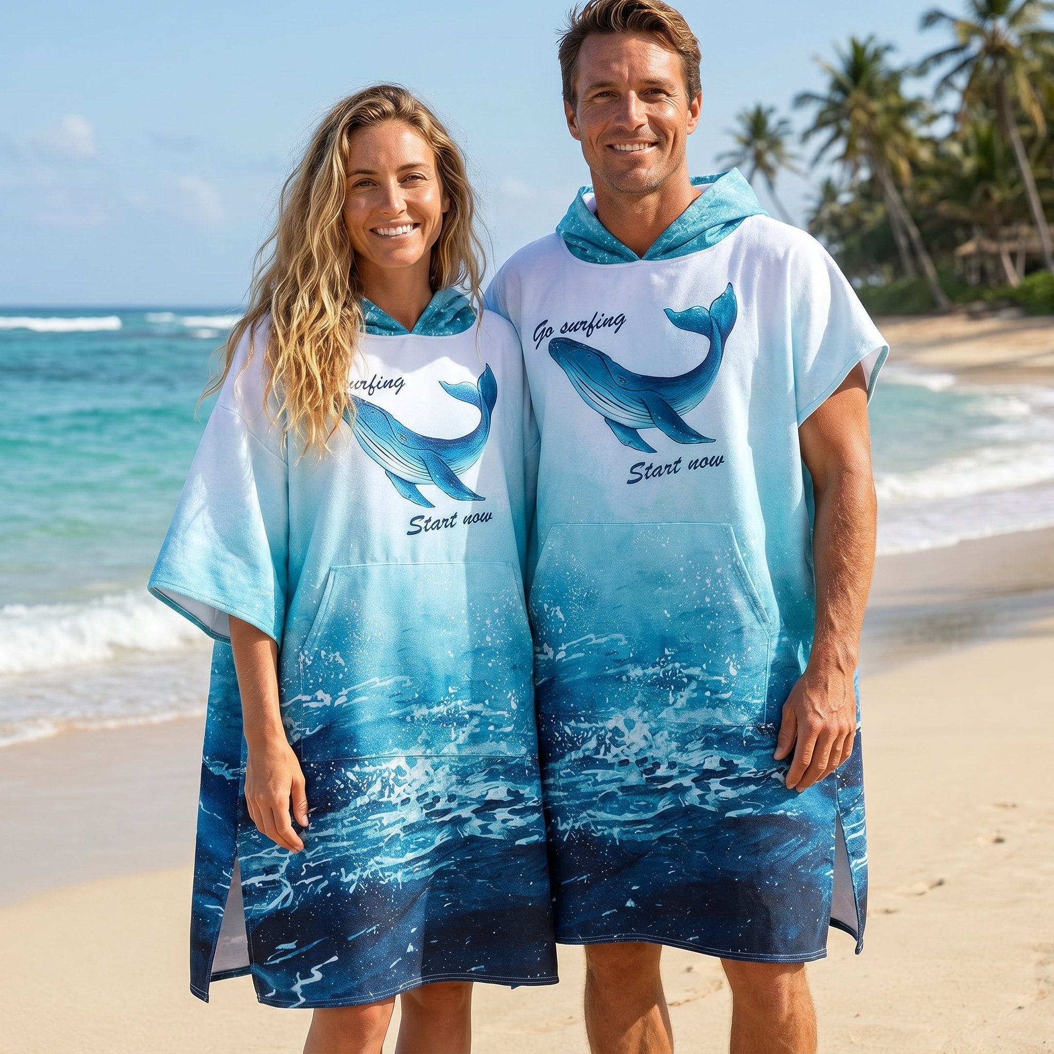Poncho serviette à capuche motif dauphin turquoise, porté par un couple souriant debout sur une plage de sable fin.