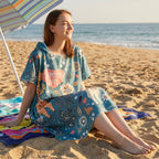 Poncho serviette a capuche motif girafes d'été porté par une femme assise sur le sable de la plage.