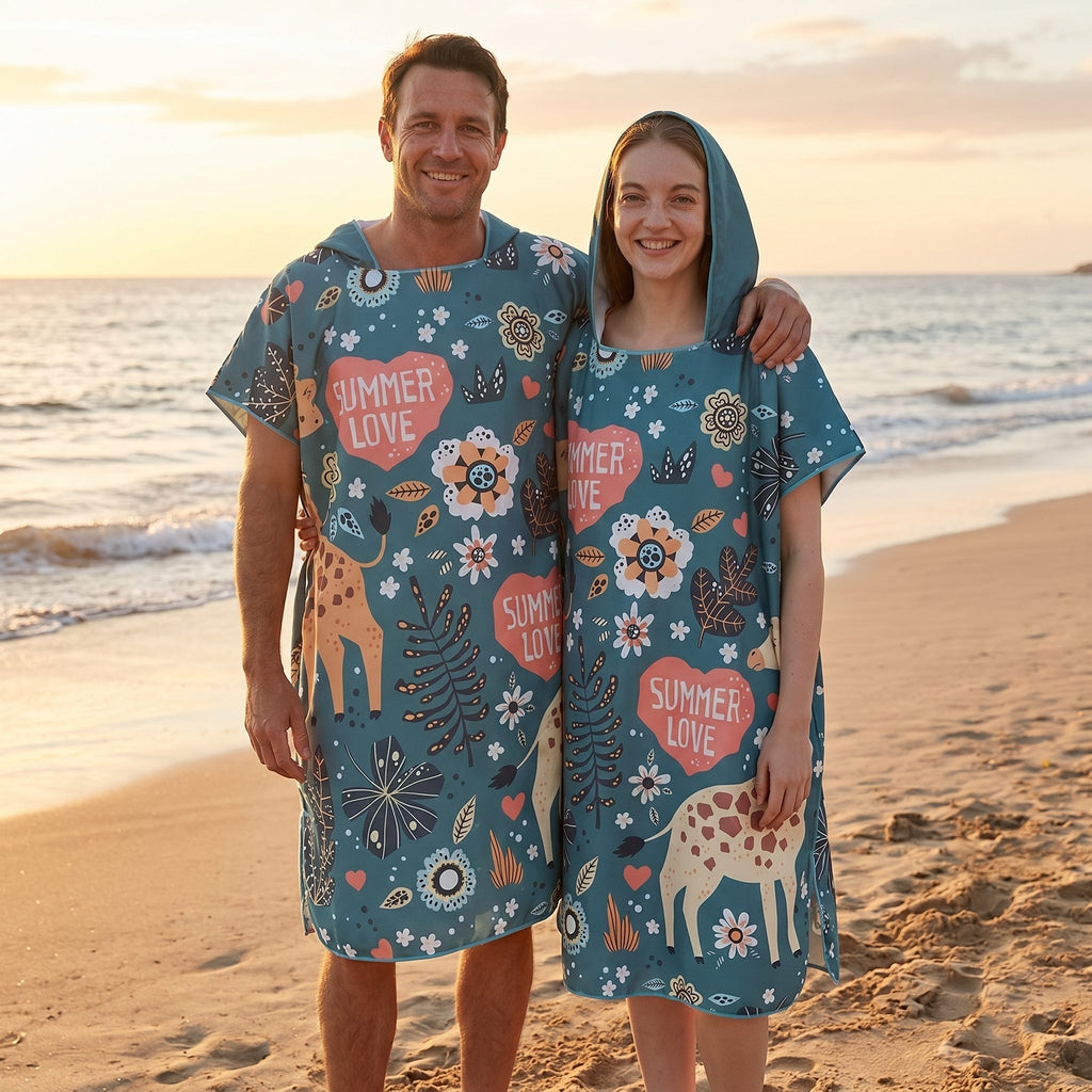 Poncho serviette a capuche motif girafes d'été porté par un couple souriant posant sur la plage.