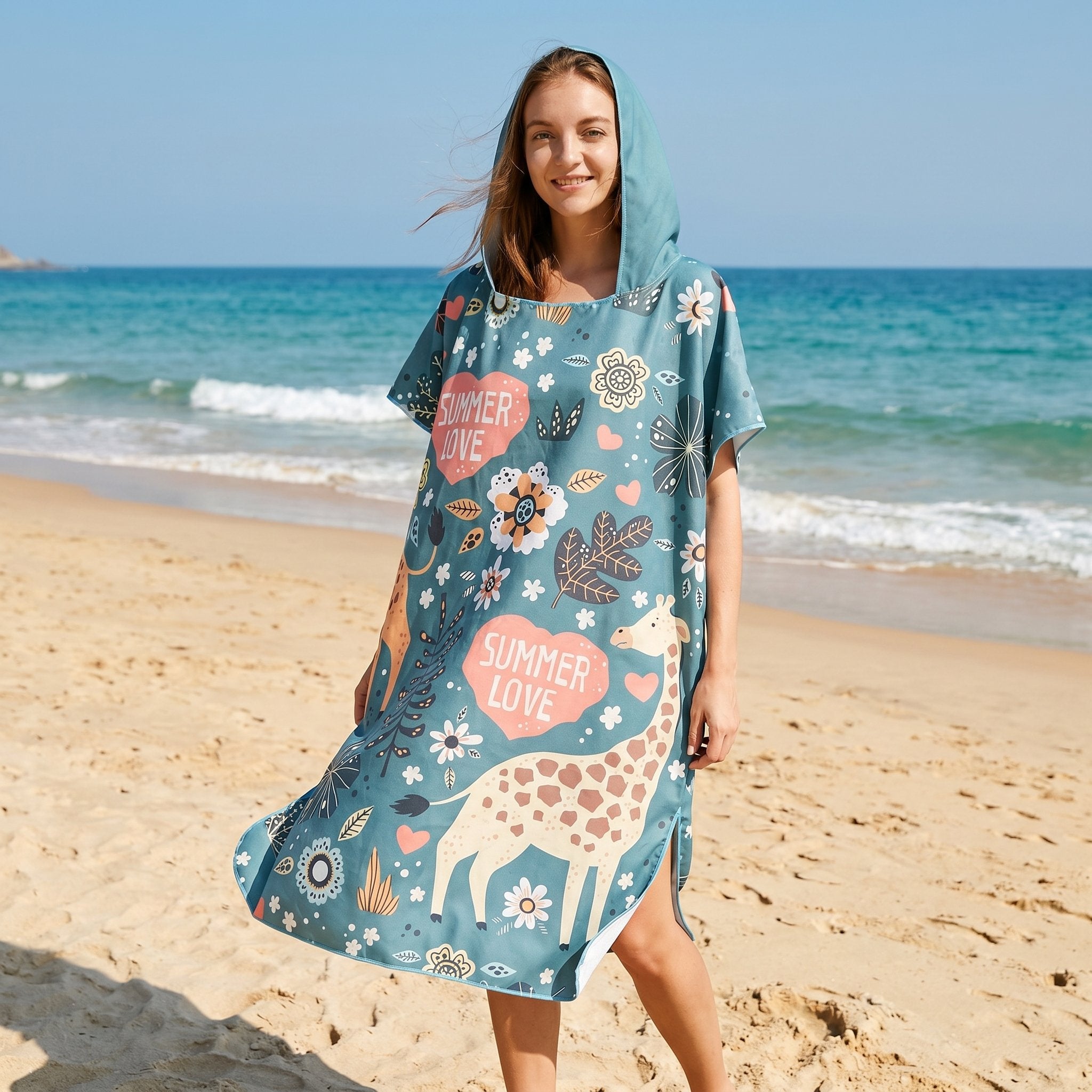 Poncho serviette a capuche motif girafes d'été porté par une femme debout sur la plage, souriante.