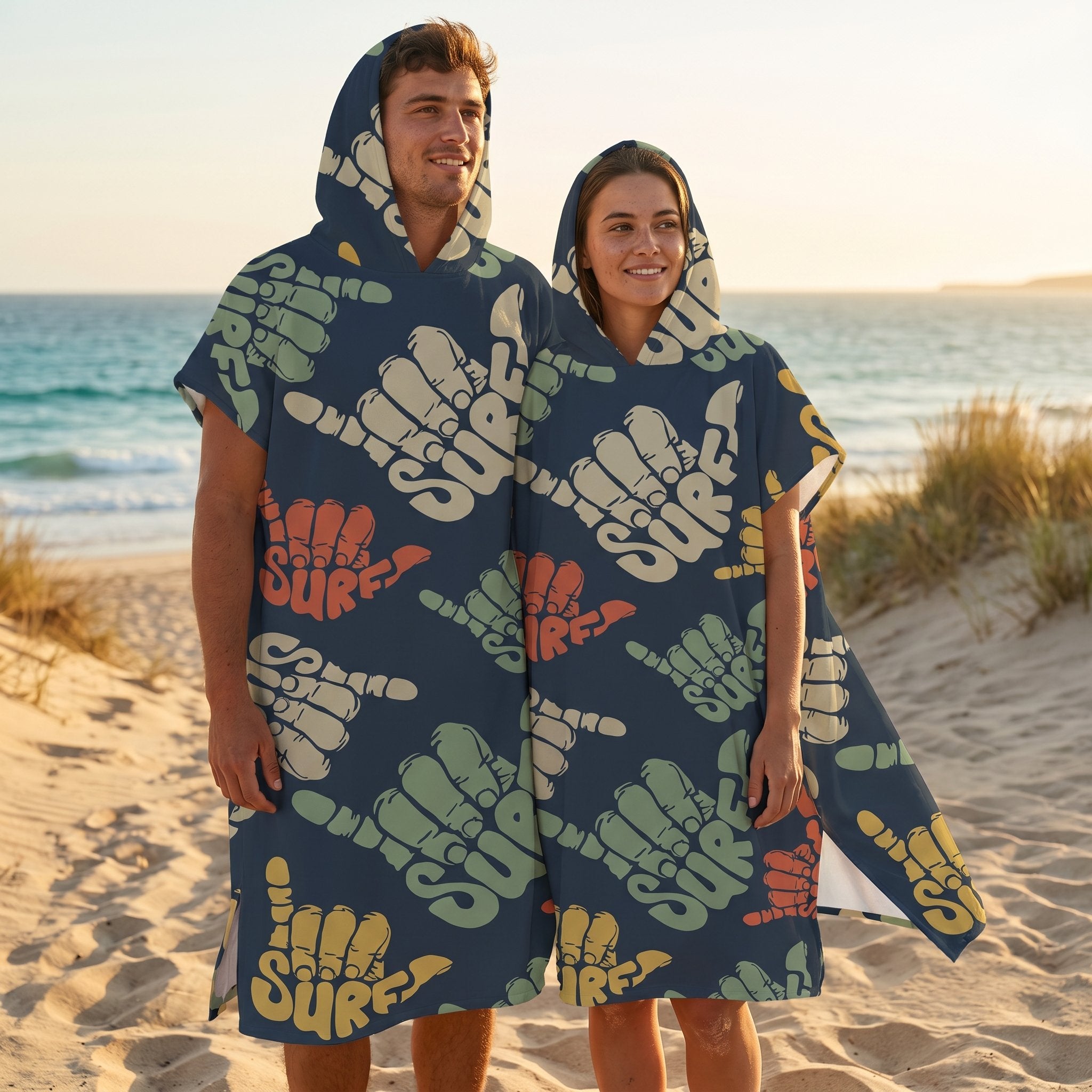Poncho serviette à capuche motif shakas colorés, porté par un homme et une femme de profil sur le sable.