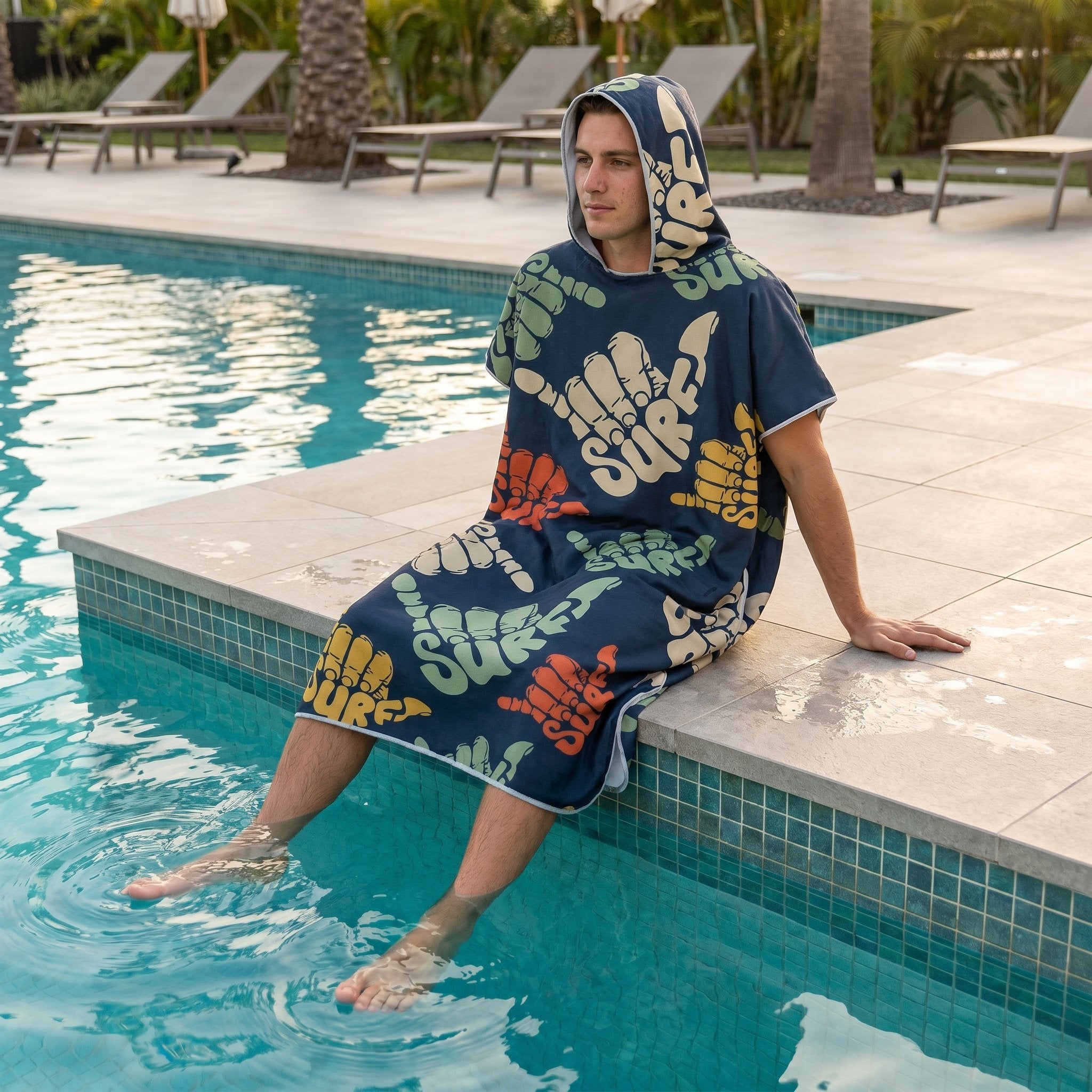 Poncho serviette à capuche motif shakas colorés, porté par un homme assis au bord d'une piscine, les pieds dans l'eau.
