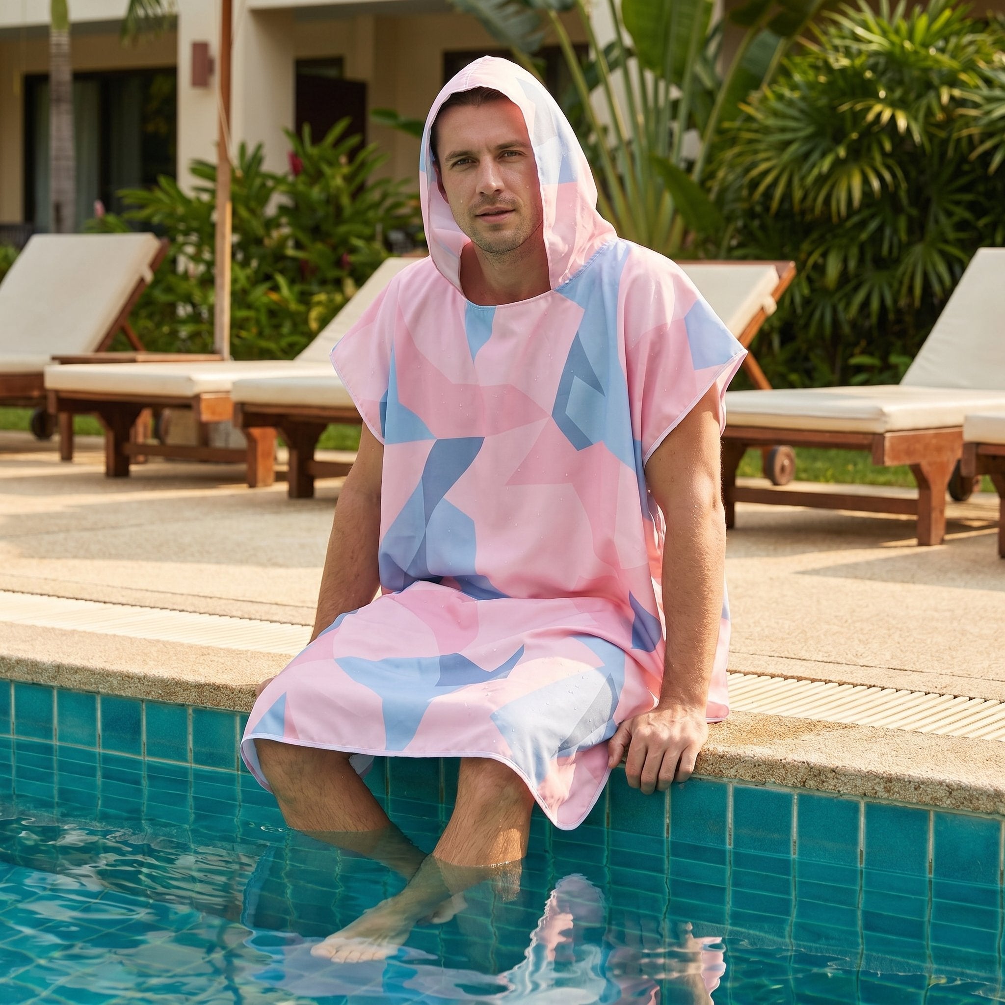 Poncho de surf à capuche · Triangles, porté par un homme assis au bord d'une piscine, les pieds dans l'eau.
