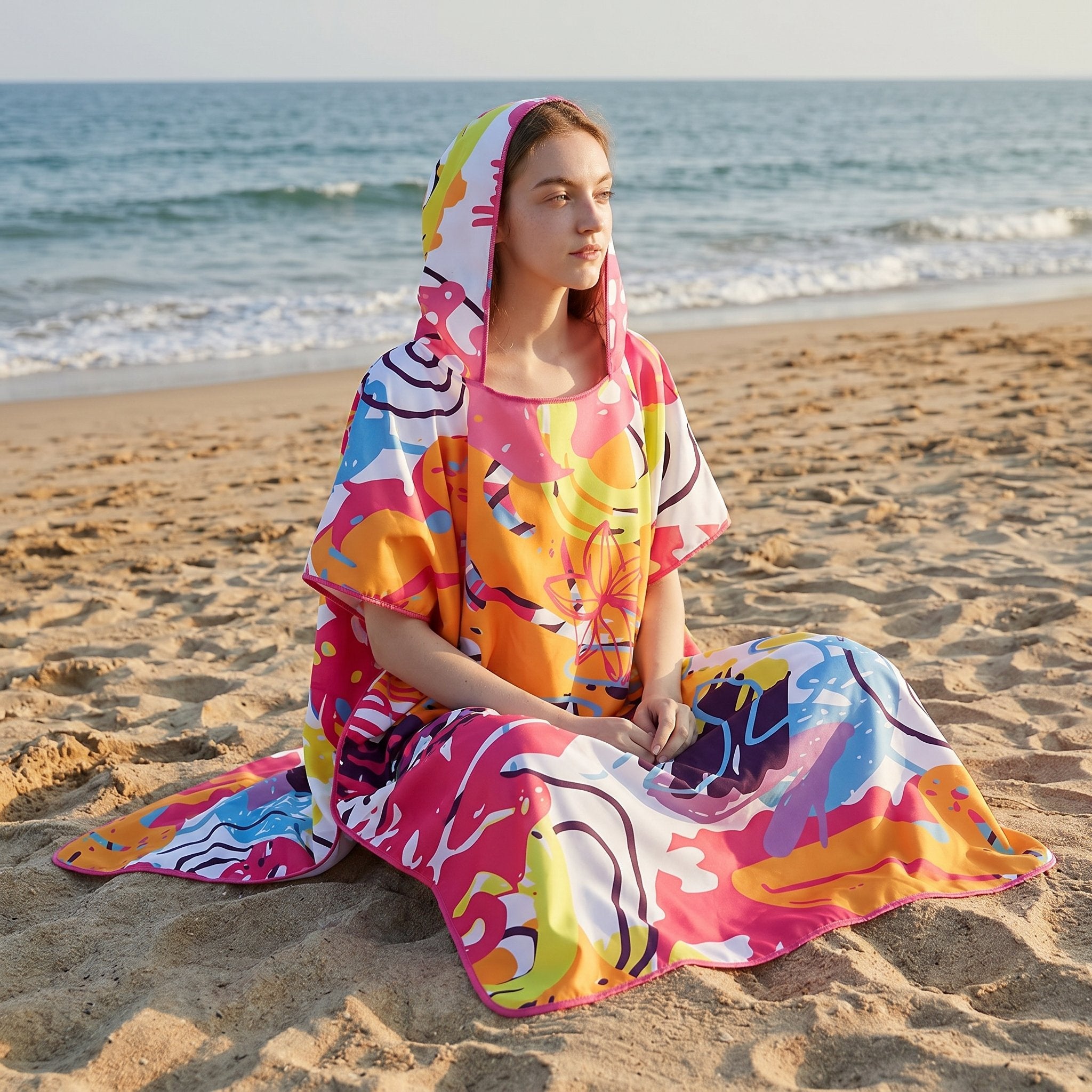 Poncho serviette a capuche motif tropical rose et jaune, porté par une femme assise sur le sable.
