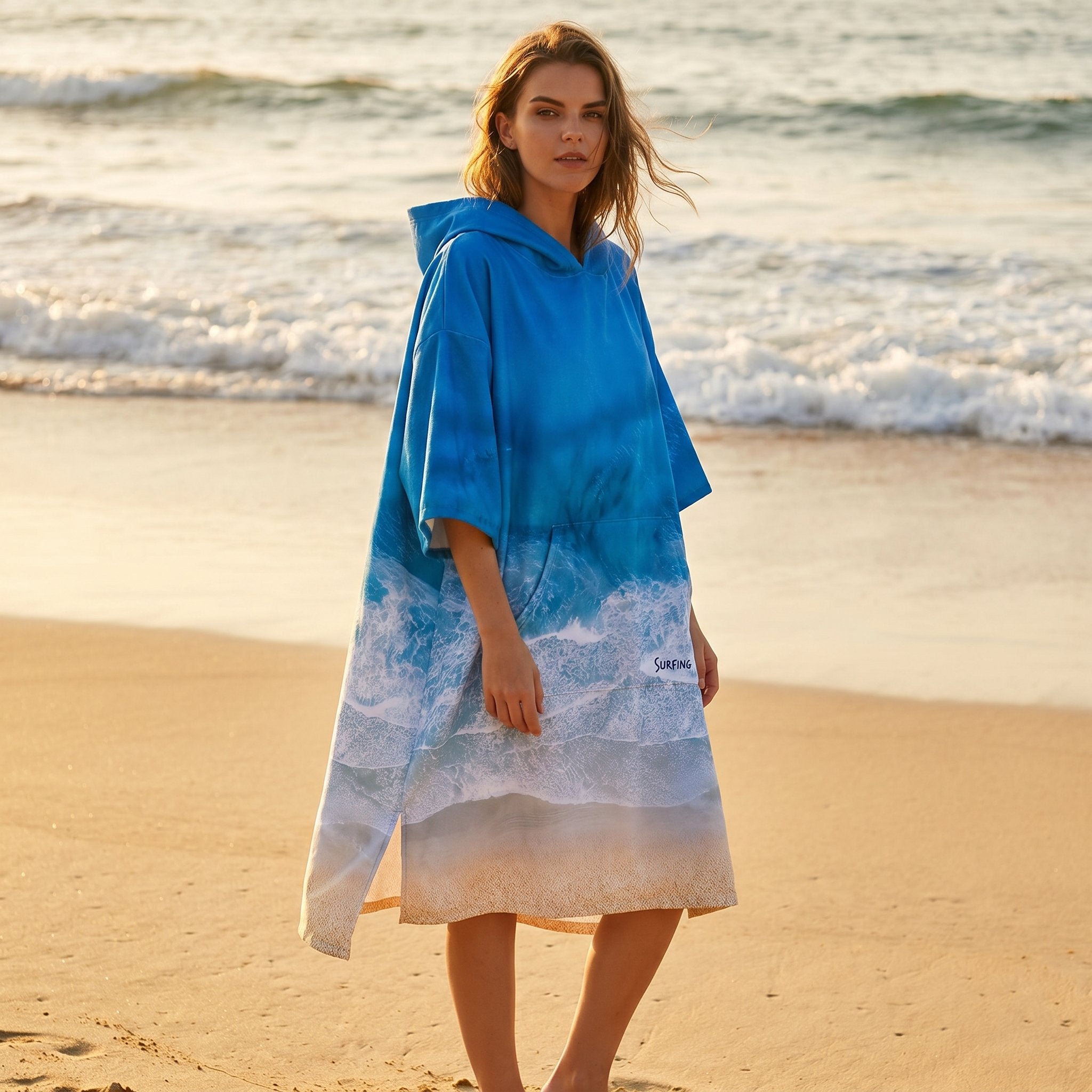 Poncho serviette à capuche motif vague océan, porté par une femme sur la plage.