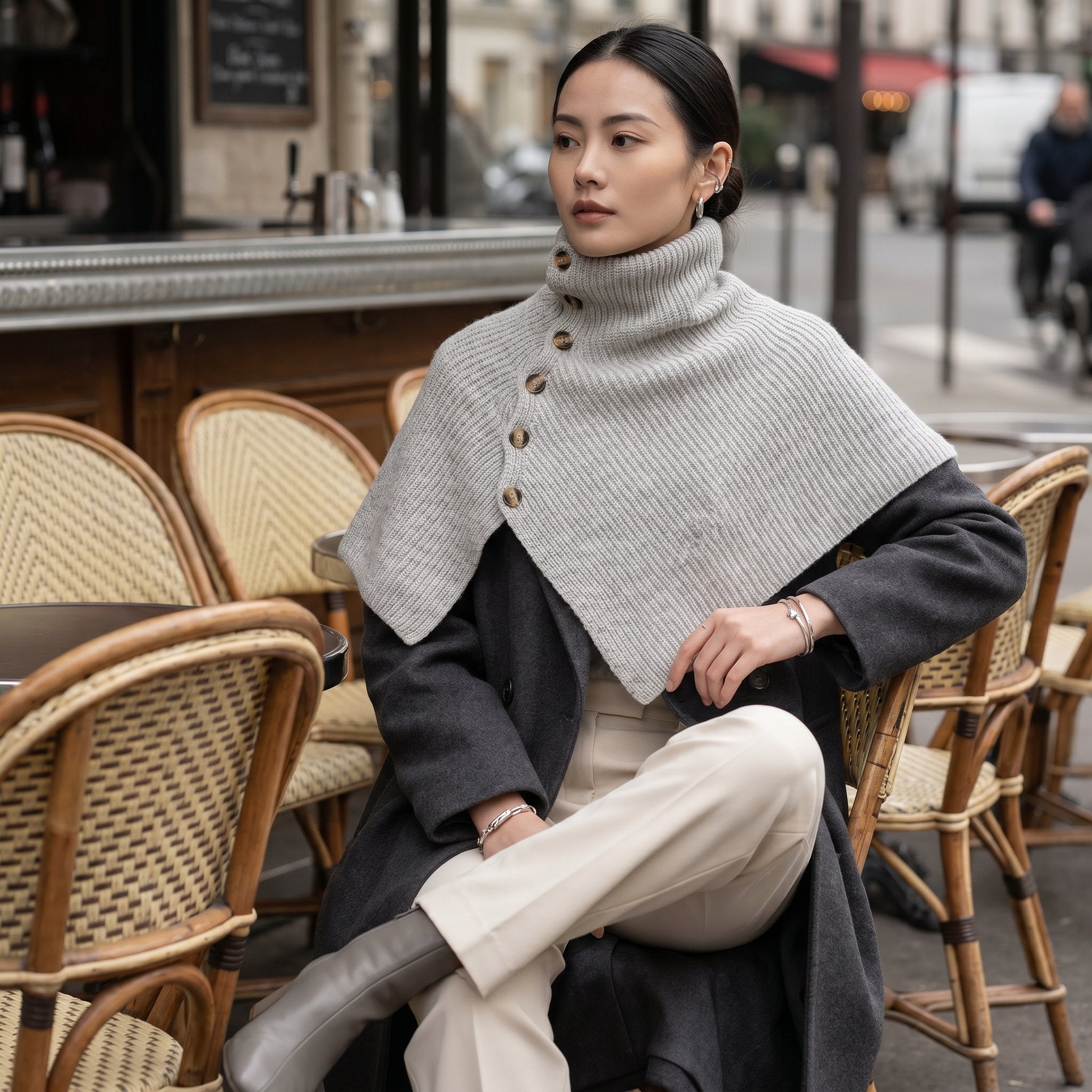 Poncho en laine femme gris, porté par une femme assise à une table de café en extérieur.