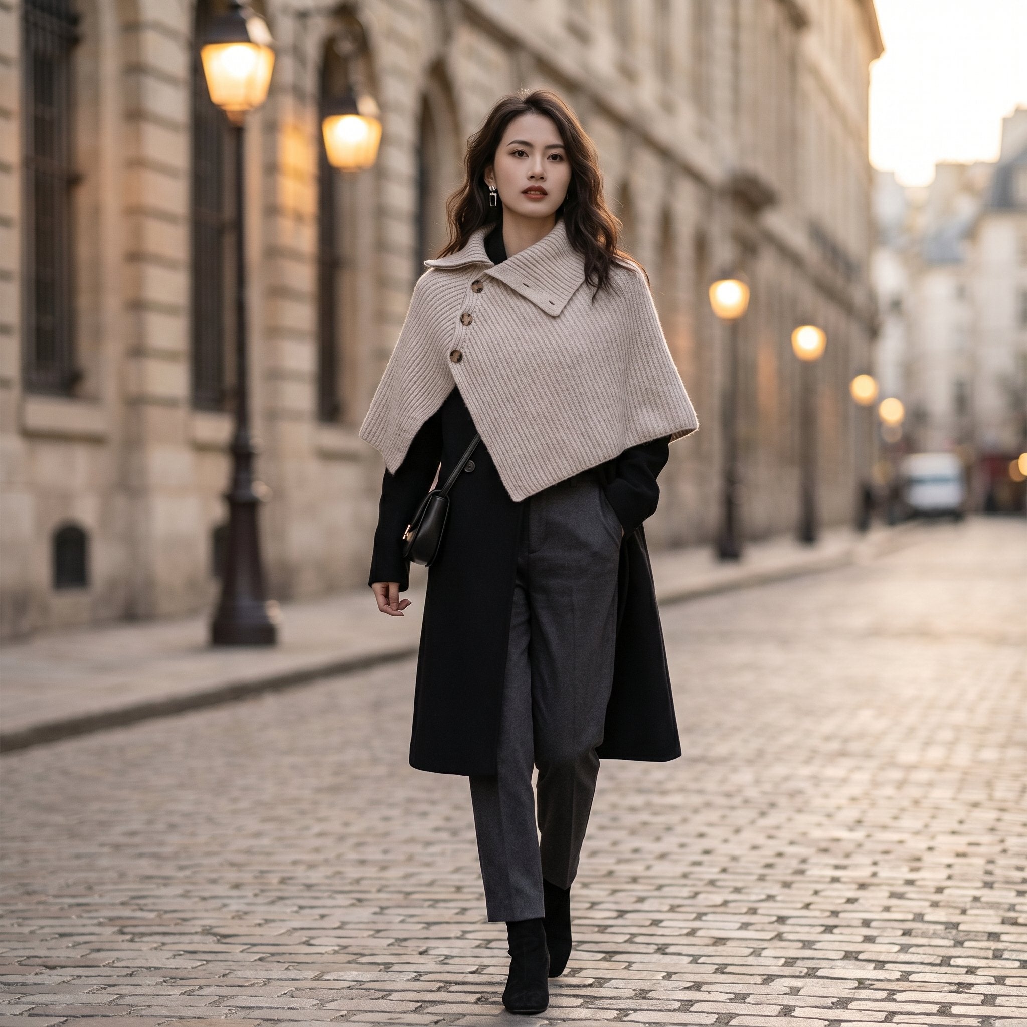 Poncho en laine femme beige, porté par une femme marchant dans une rue pavée bordée de lampadaires.