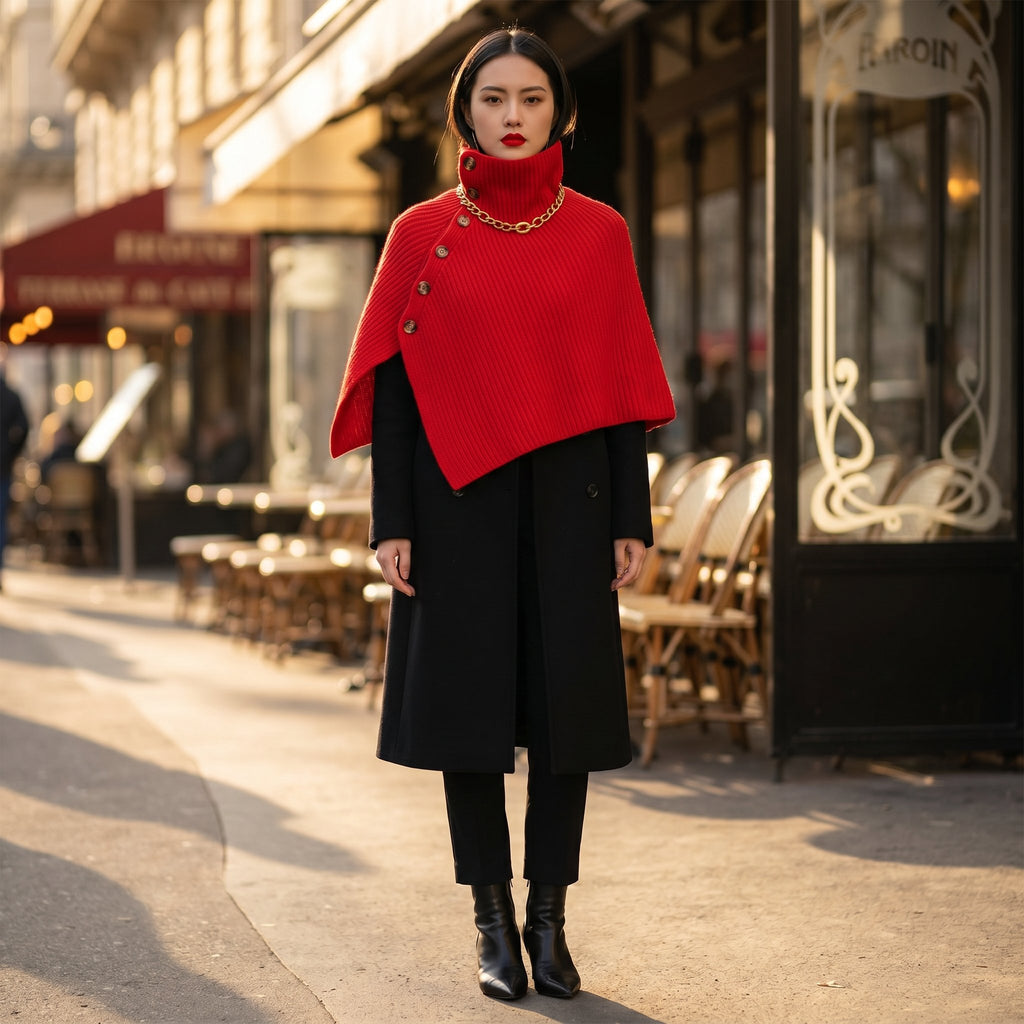 Poncho en laine femme rouge, porté par une femme debout de face devant une terrasse de café ensoleillée.