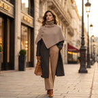 Poncho en laine femme beige, porté par une femme marchant sur un trottoir ensoleillé avec des bâtiments.