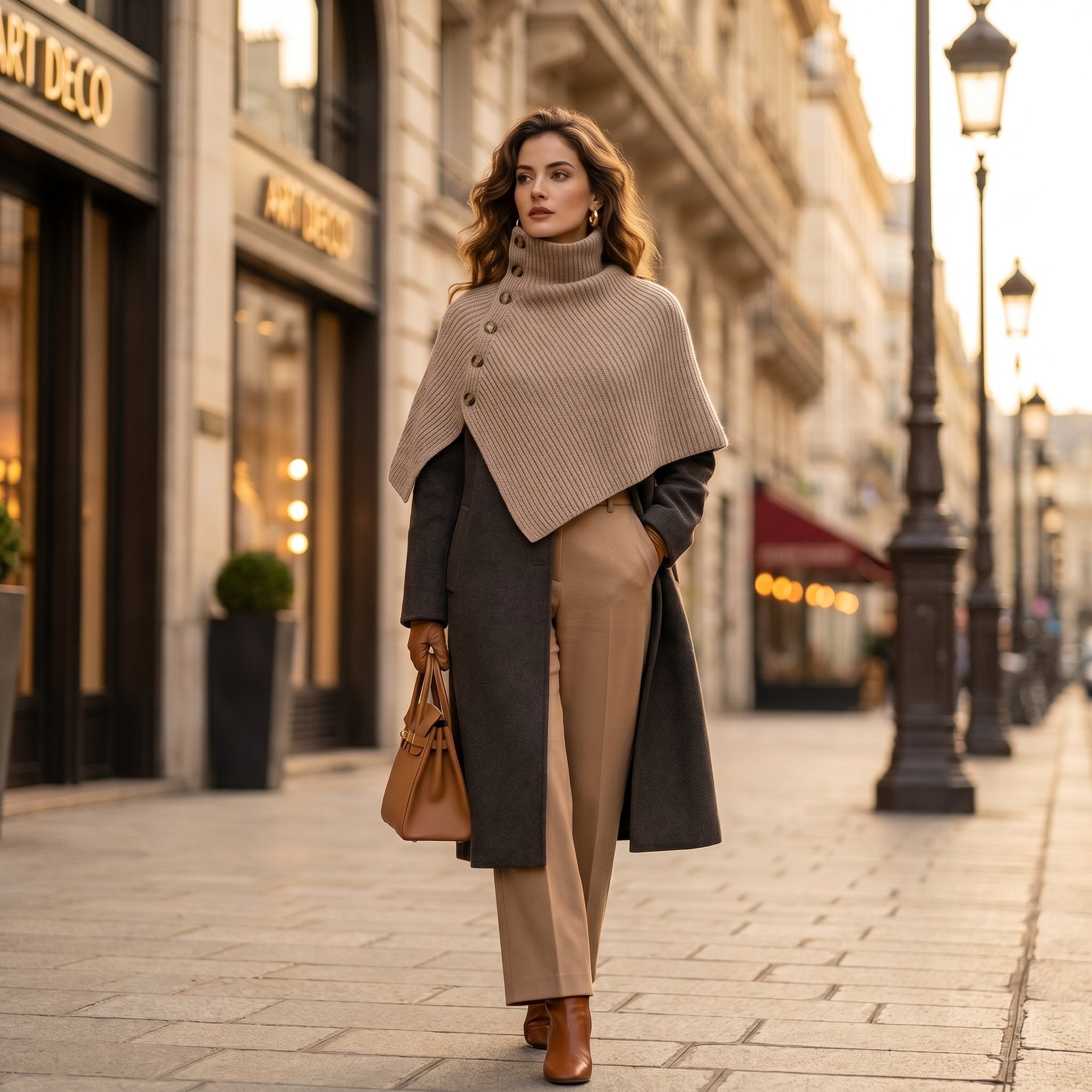 Poncho en laine femme beige, porté par une femme marchant sur un trottoir ensoleillé avec des bâtiments.