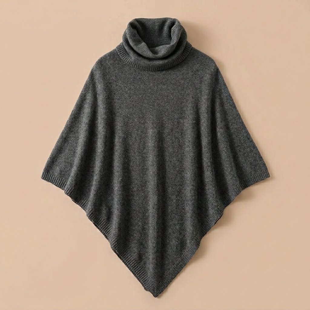 Poncho en laine femme col roulé gris, présenté à plat sur un fond uni clair.