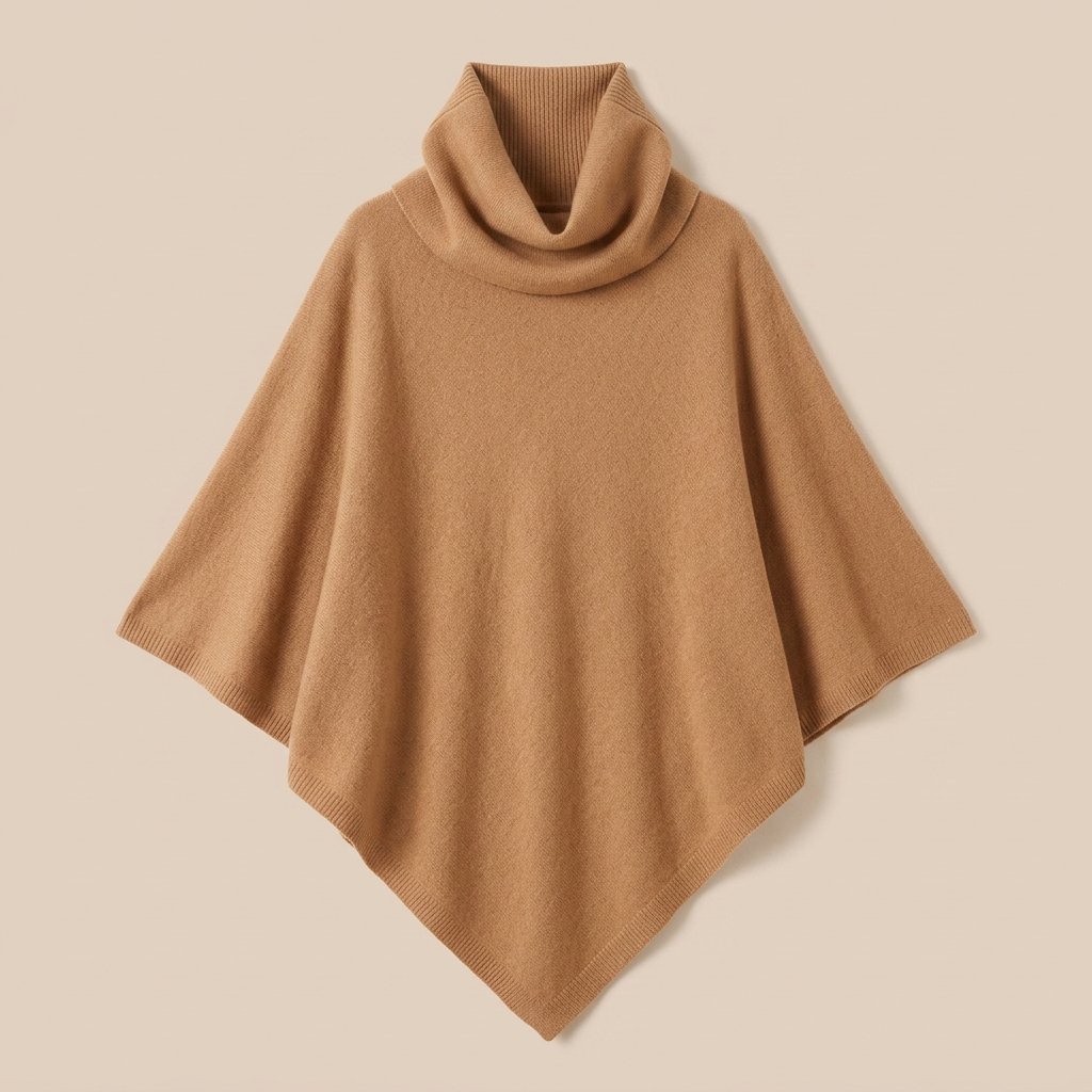 Poncho en laine femme col roulé couleur camel, vue d'ensemble sur un fond uni.