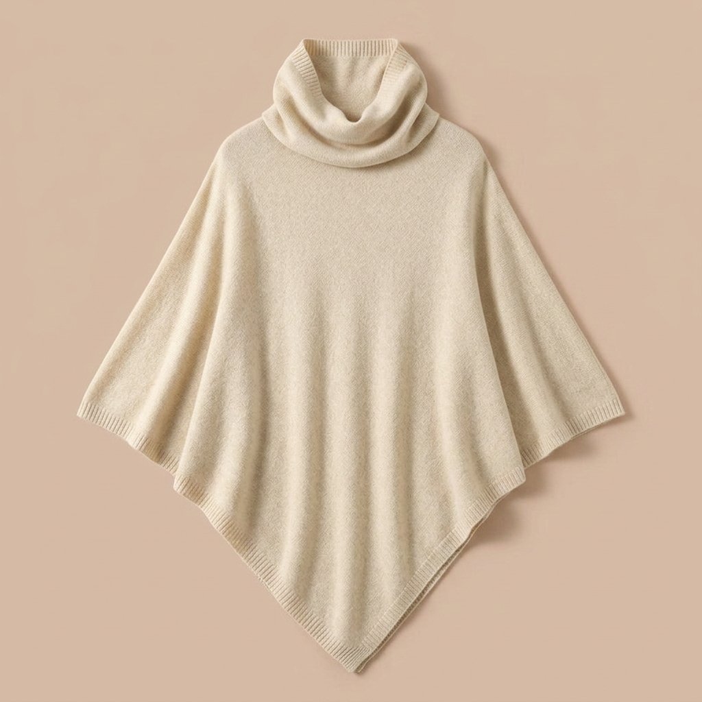 Poncho en laine femme col roulé crème, étalé sur une surface de couleur claire.