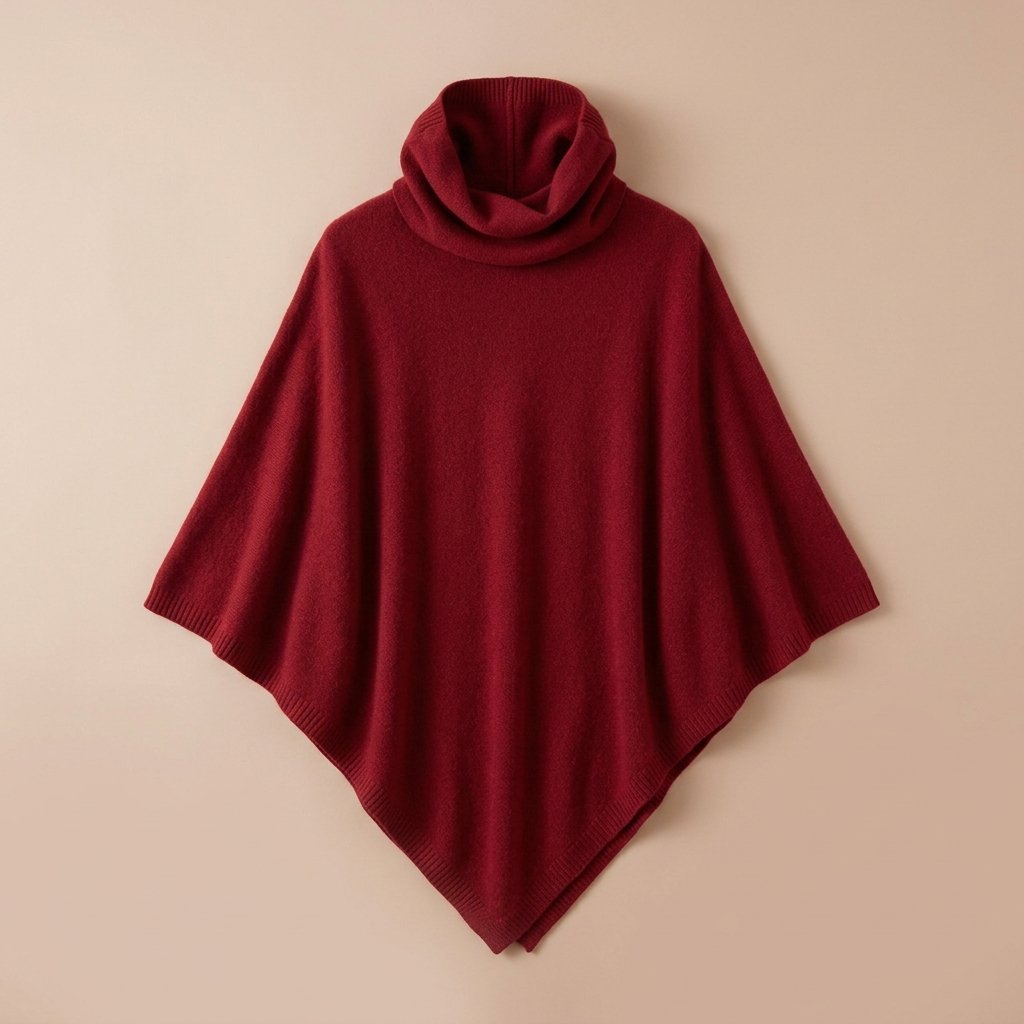 Poncho en laine femme col roulé rouge bordeaux, présenté à plat sur un fond clair.