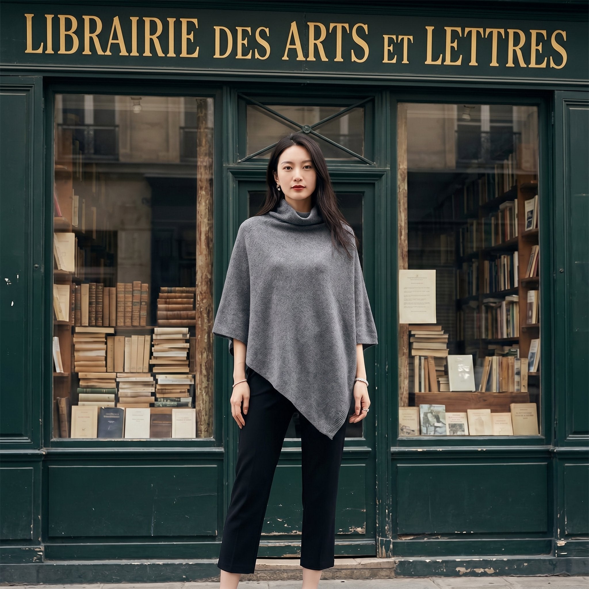 Poncho en laine femme col roulé gris porté par une femme, devant une librairie ancienne.
