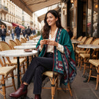 Poncho femme chaud à motif aztèque et franges vert émeraude, porté par une femme souriante assise à la terrasse d'un café