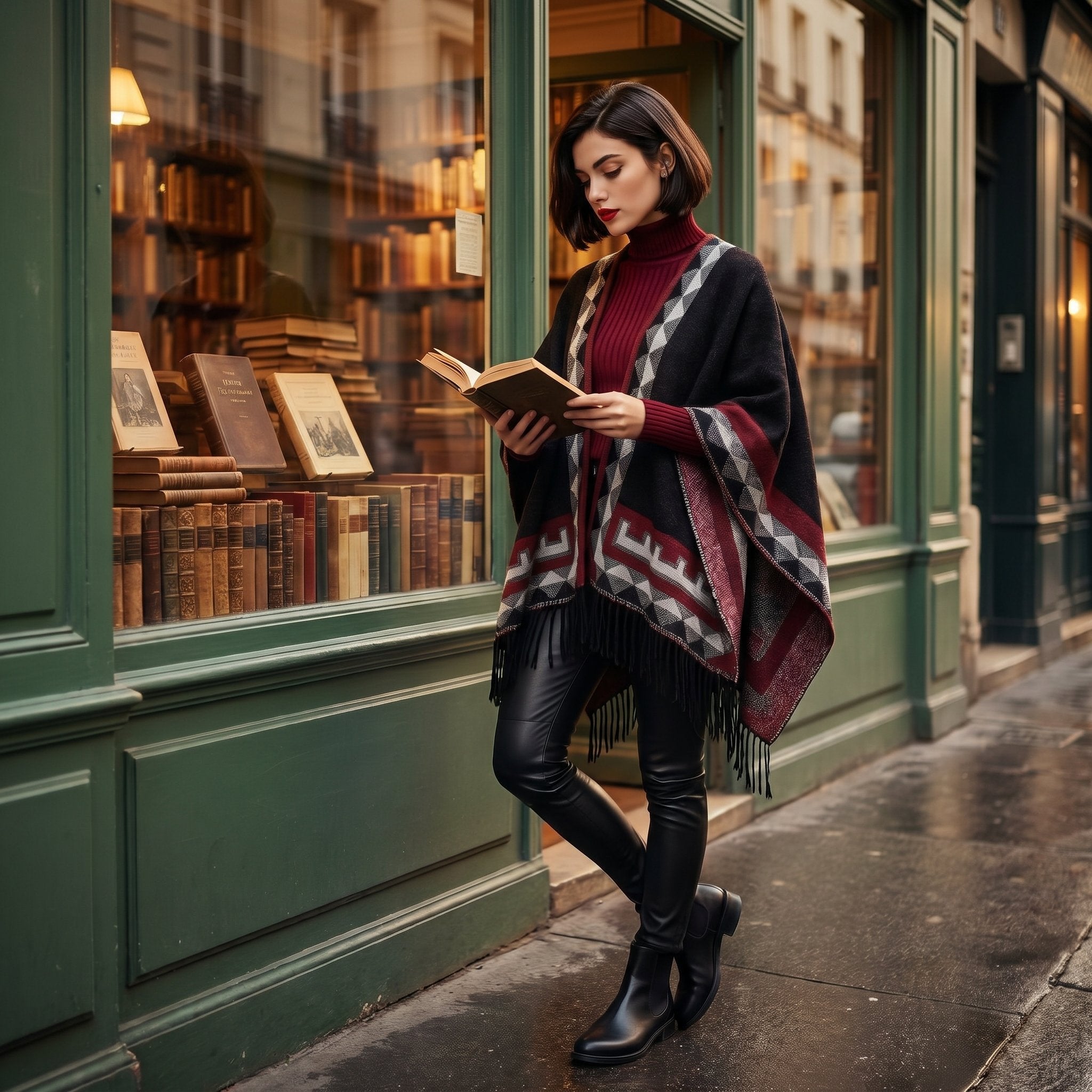 Poncho femme chaud à motif aztèque et franges noir, porté par une femme lisant un livre devant une vitrine de librairie