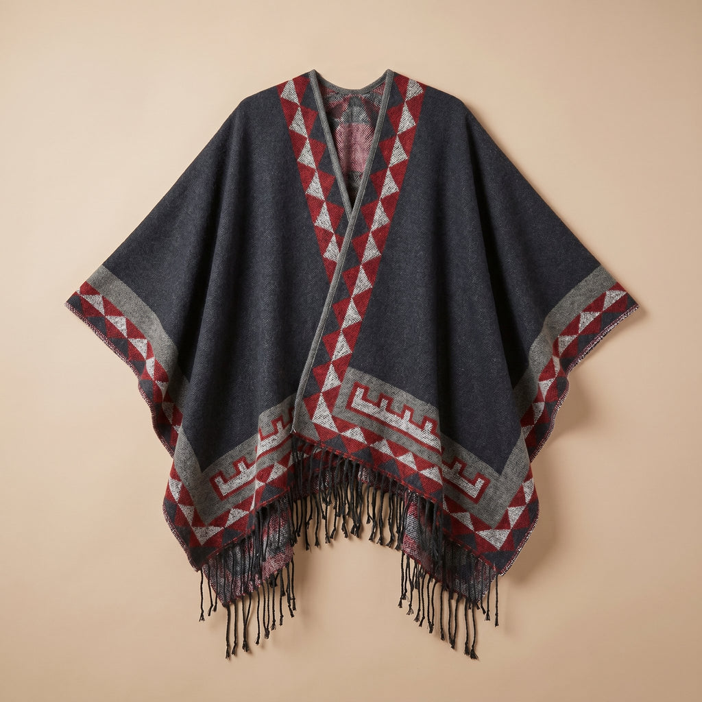Poncho femme chaud à motif aztèque et franges gris anthracite, avec motifs géométriques rouges et gris clair, à plat