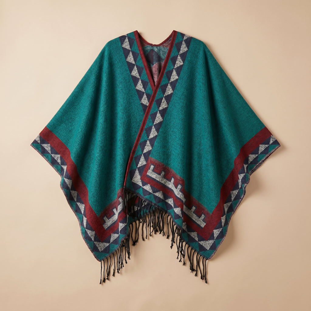 Poncho femme chaud à motif aztèque et franges vert canard, avec motifs géométriques rouges et gris, présenté à plat
