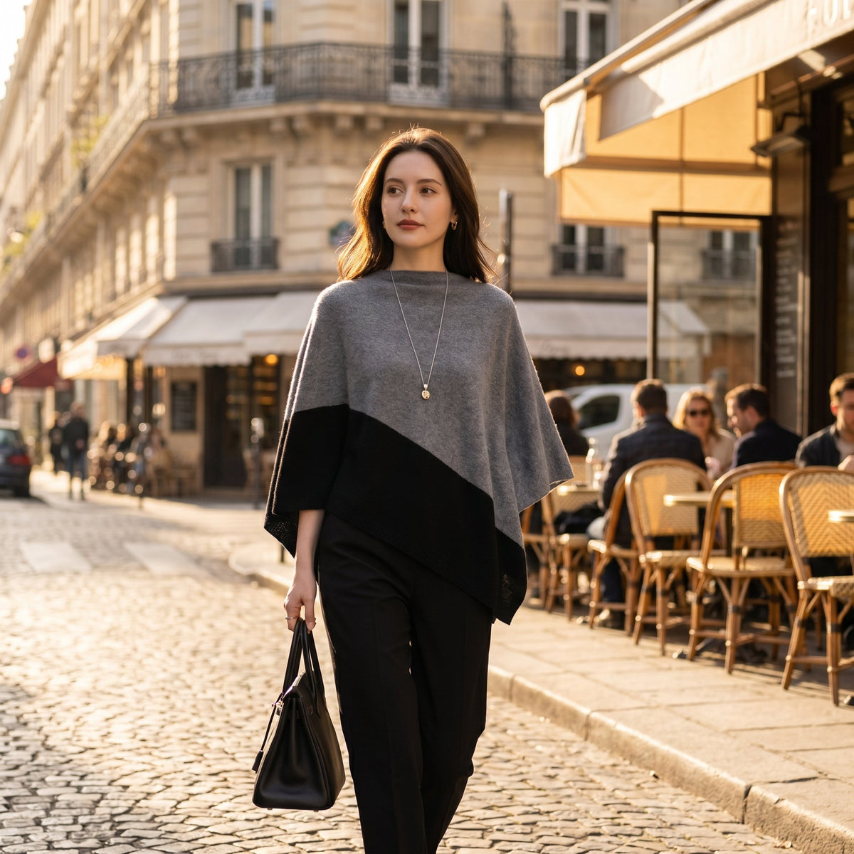 Femme portant un poncho en laine gris et noir dans une rue pavée