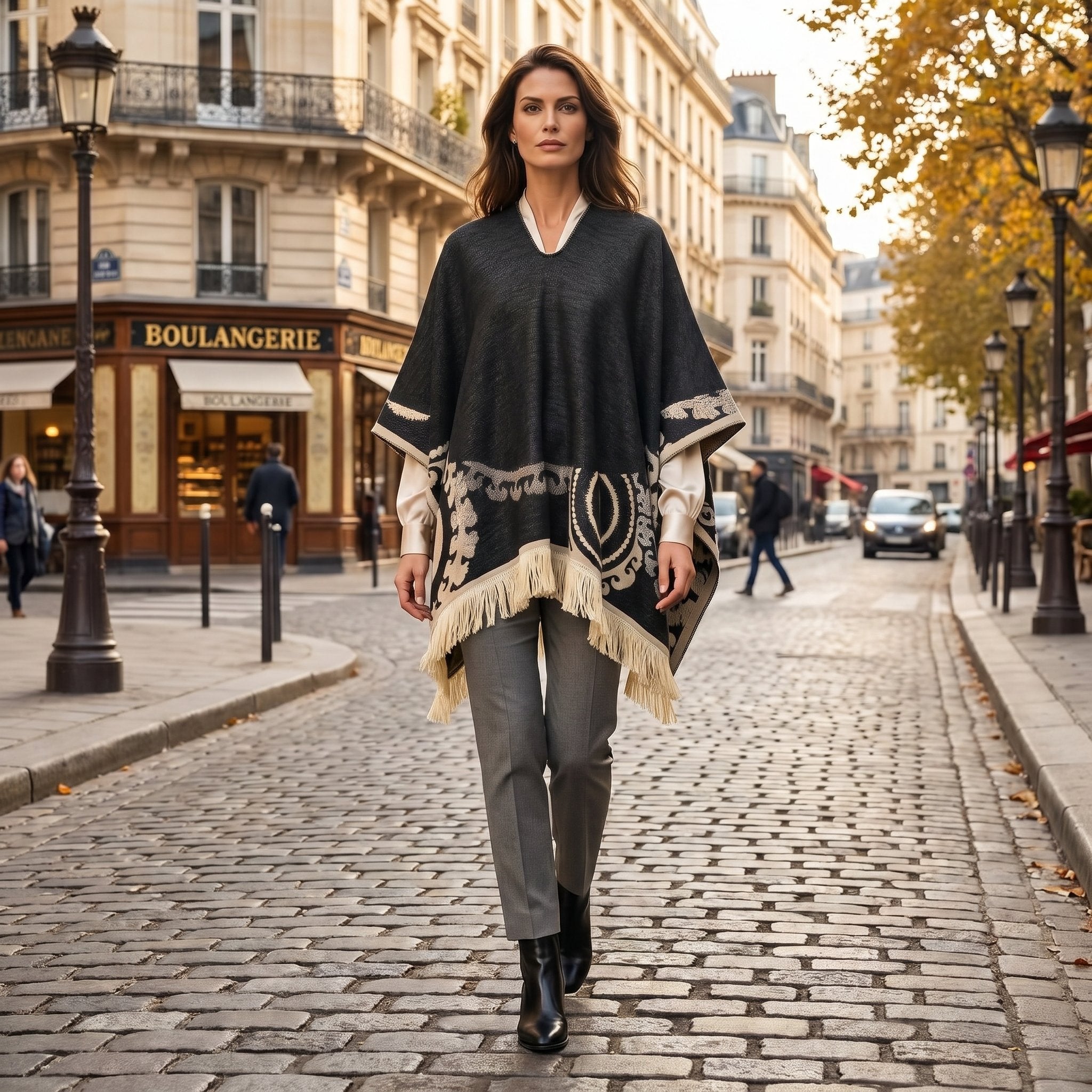 Poncho femme ethnique noir et crème à franges porté par une femme marchant de face sur une rue pavée, montrant son ampleur