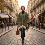Poncho femme ethnique olive à franges, porté de face par une femme marchant dans la rue, montrant l'ampleur et le col en V