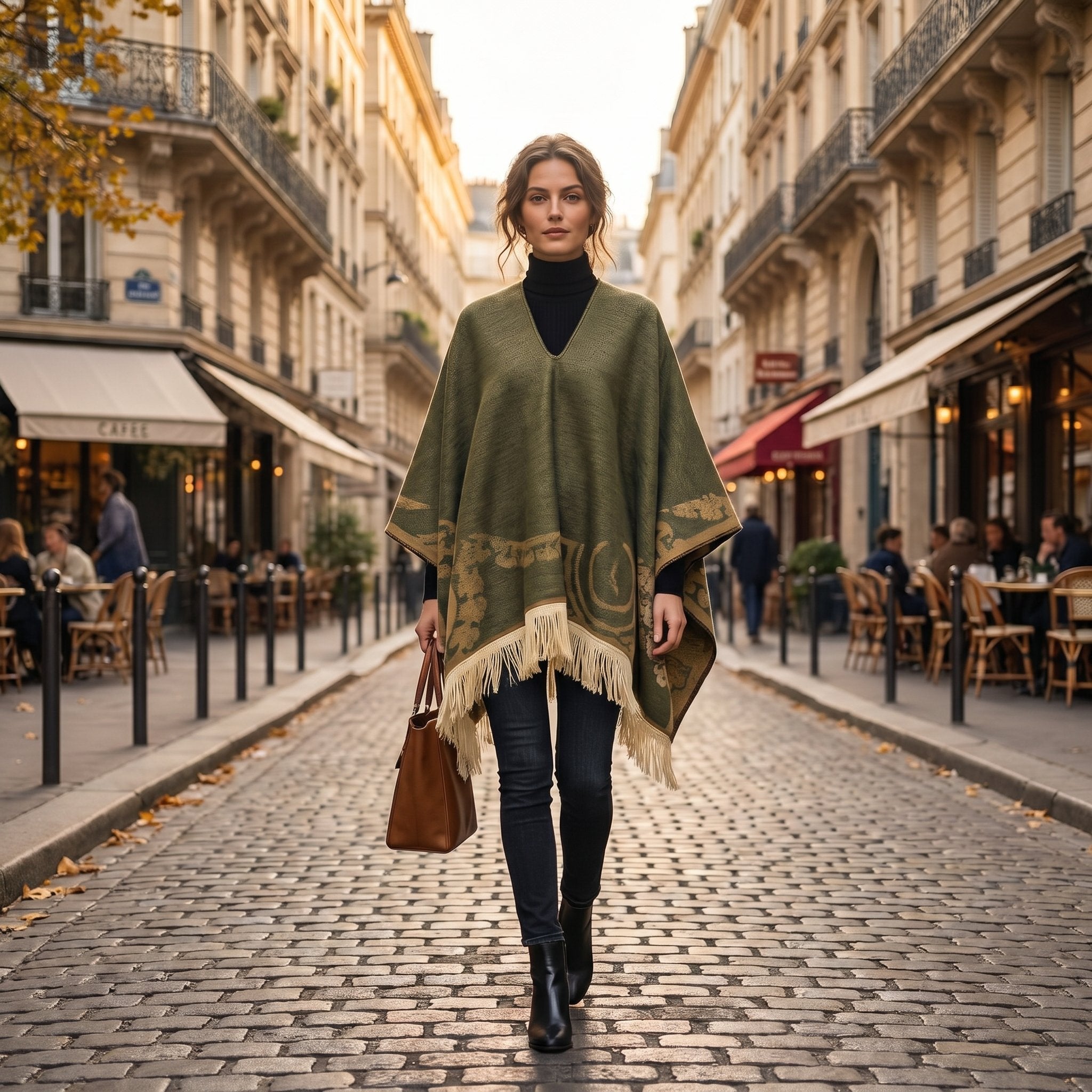 Poncho femme ethnique olive à franges, porté de face par une femme marchant dans la rue, montrant l'ampleur et le col en V