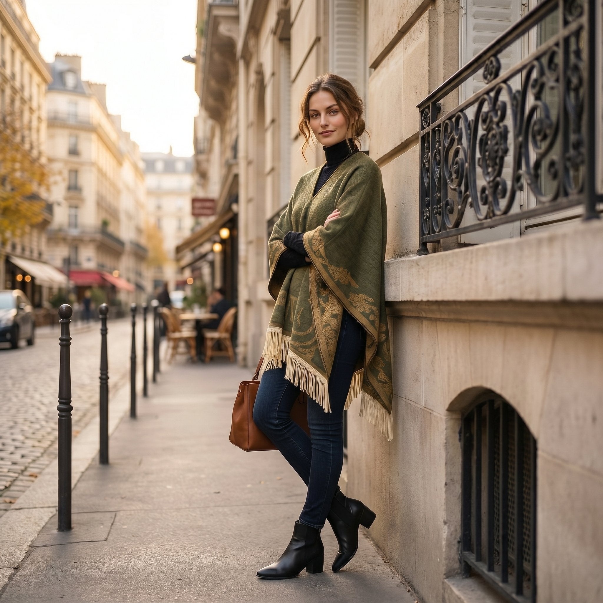 Poncho femme ethnique olive à franges, porté par une femme en extérieur, vue de profil