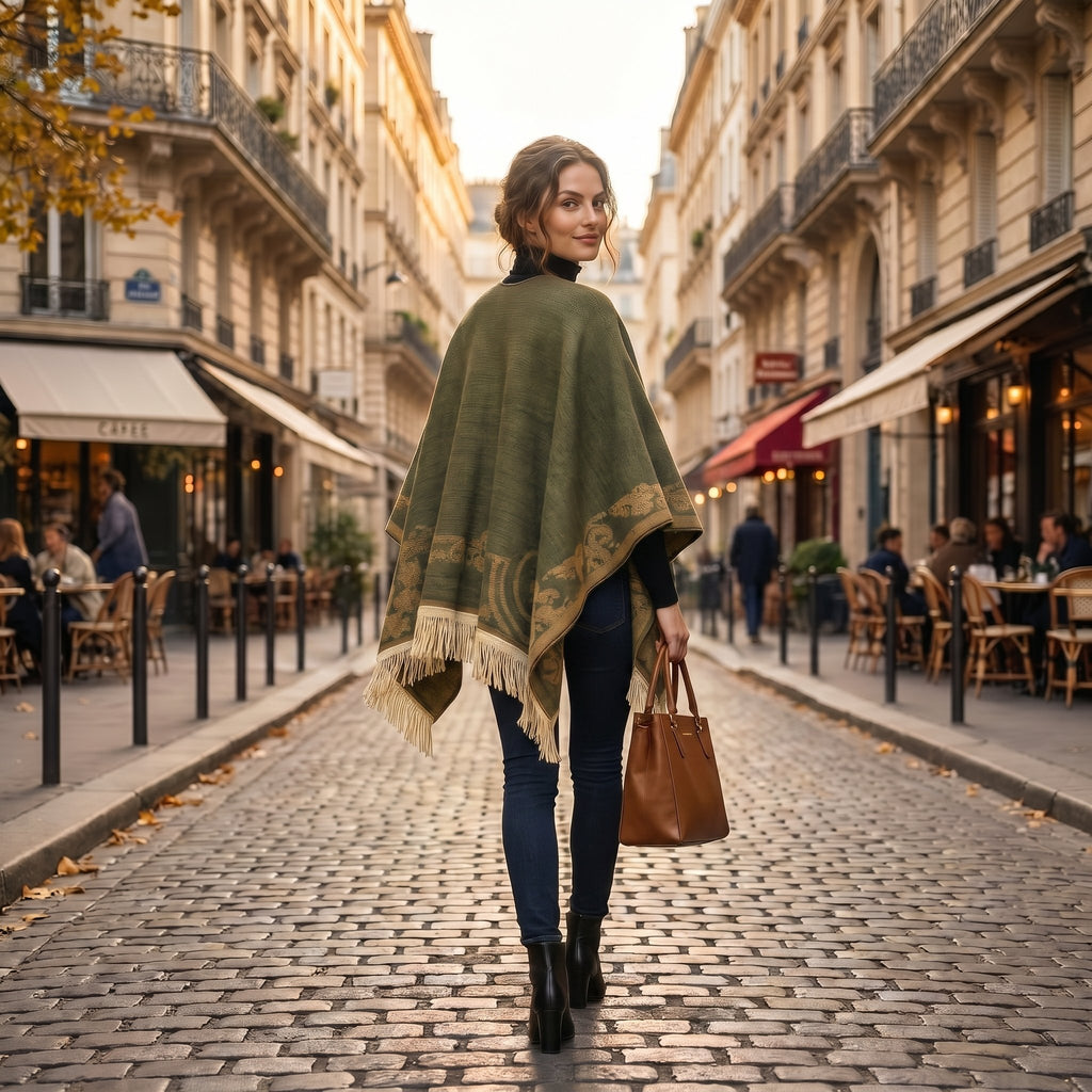 Poncho femme ethnique olive à franges, porté de dos par une femme en extérieur, soulignant les motifs au dos et les franges