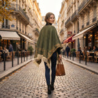 Poncho femme ethnique olive à franges, porté de dos par une femme en extérieur, soulignant les motifs au dos et les franges