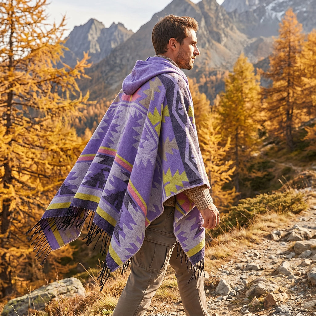 Poncho mexicain homme à capuche, coloris violet et jaune, porté de profil par un homme marchant en montagne