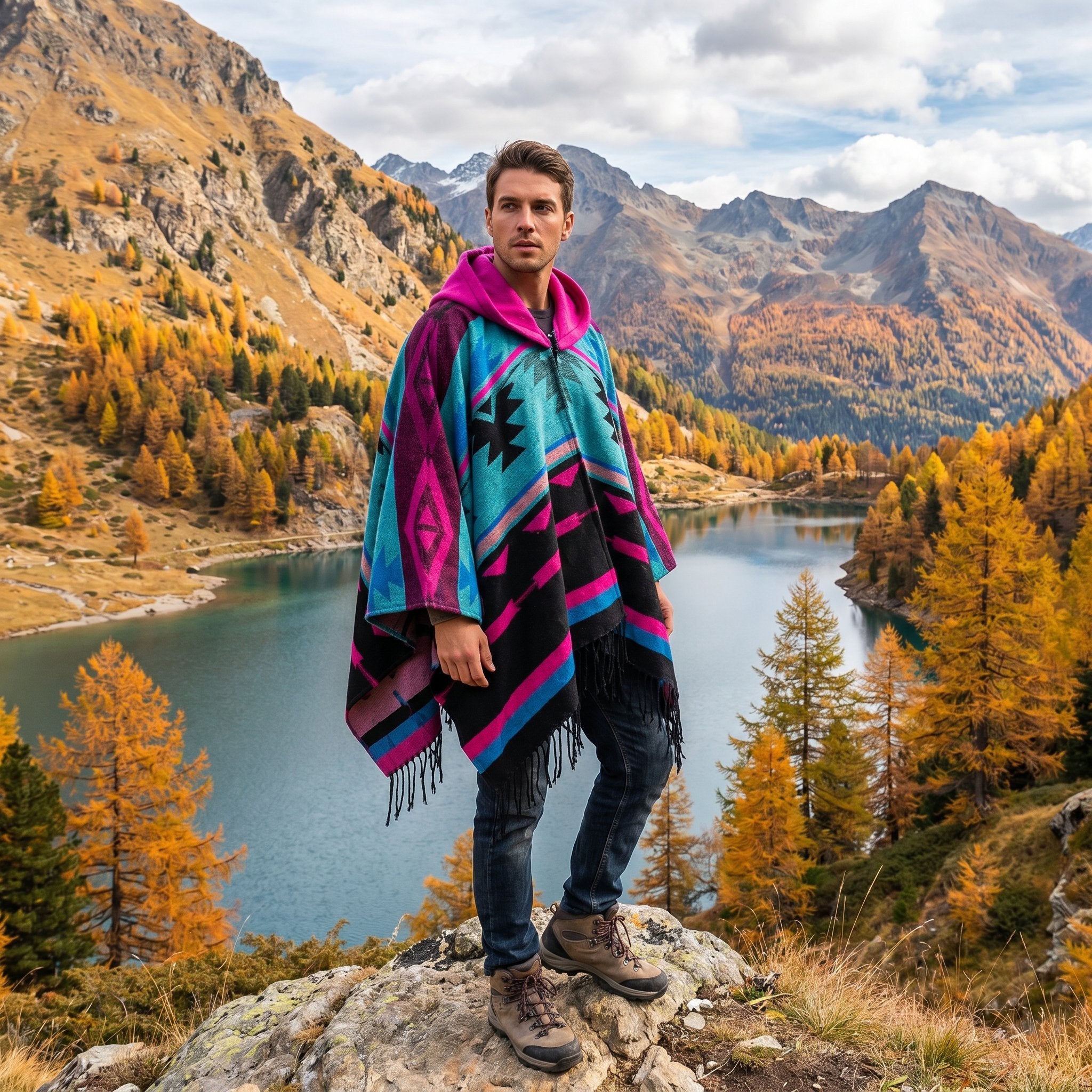 Poncho mexicain homme à capuche, coloris fuchsia, bleu et noir, porté de face par un homme près d'un lac