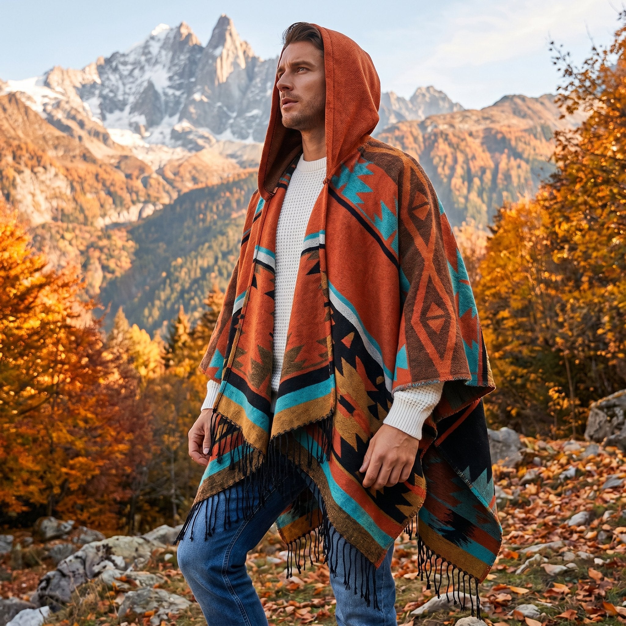 Poncho mexicain homme à capuche, coloris orange et turquoise, porté de profil par un homme en extérieur