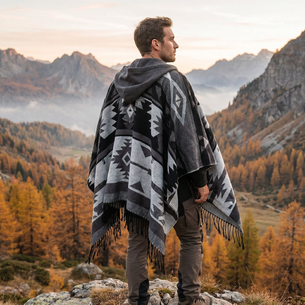 Poncho mexicain homme à capuche, coloris gris et noir, porté de dos par un homme en extérieur avec des montagnes