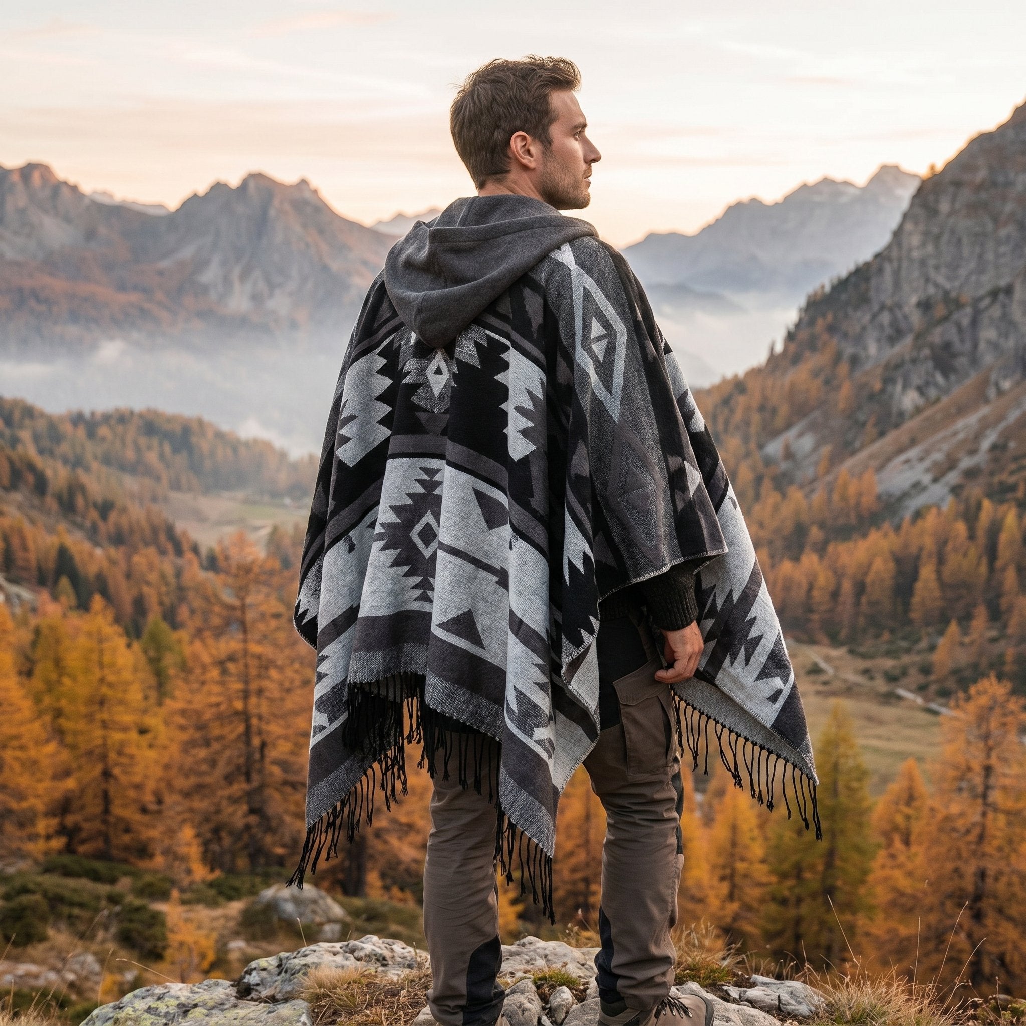Poncho mexicain homme à capuche, coloris gris et noir, porté de dos par un homme en extérieur avec des montagnes