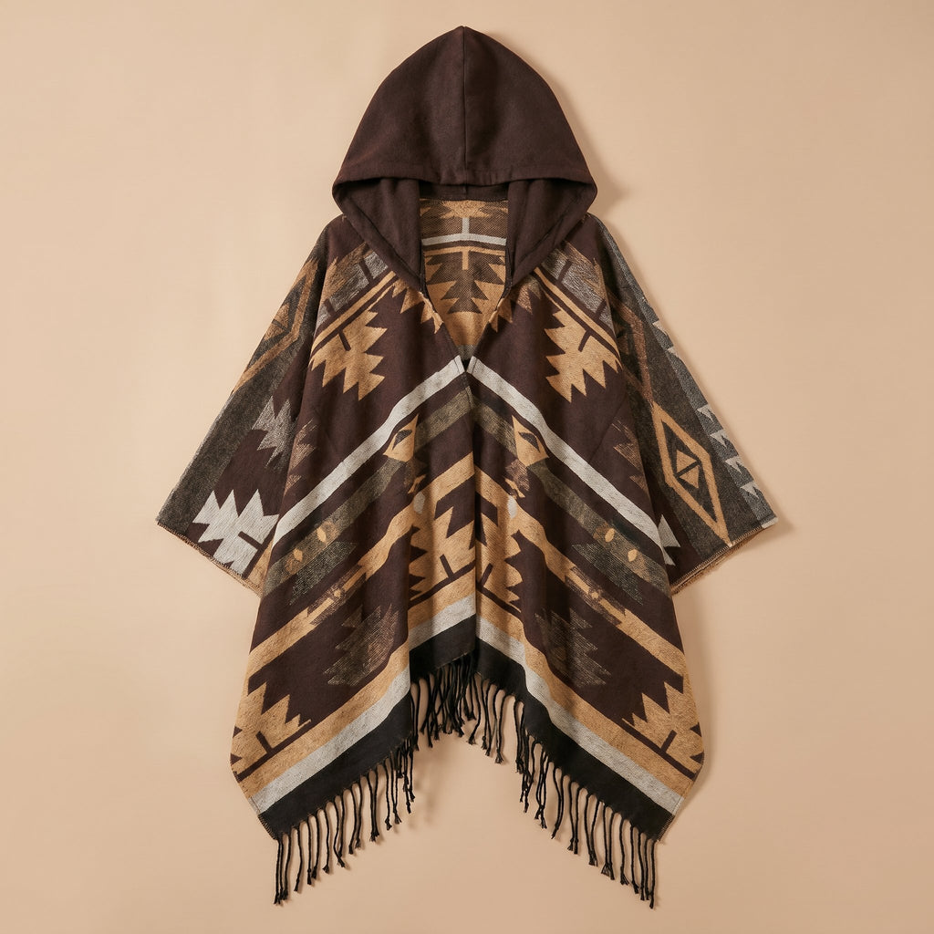 Poncho mexicain homme à capuche, coloris marron, beige et gris, avec motifs ethniques, présenté à plat