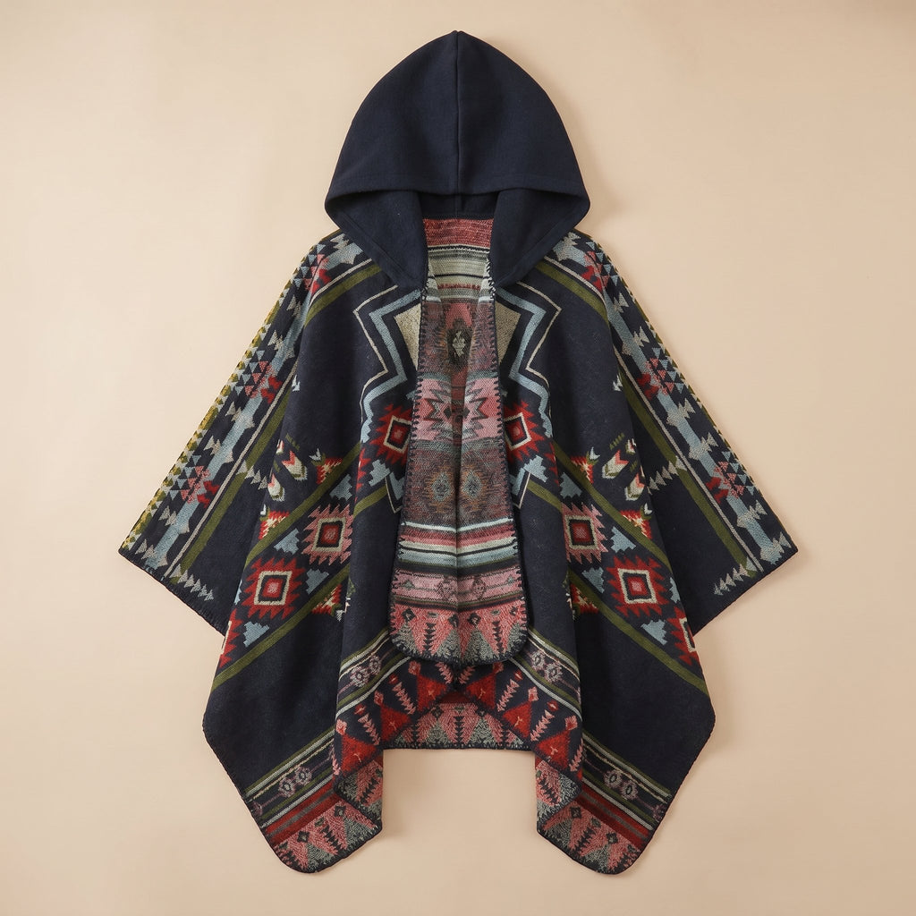 Poncho péruvien homme à capuche bleu marine avec motifs géométriques rouges, verts et roses, à plat