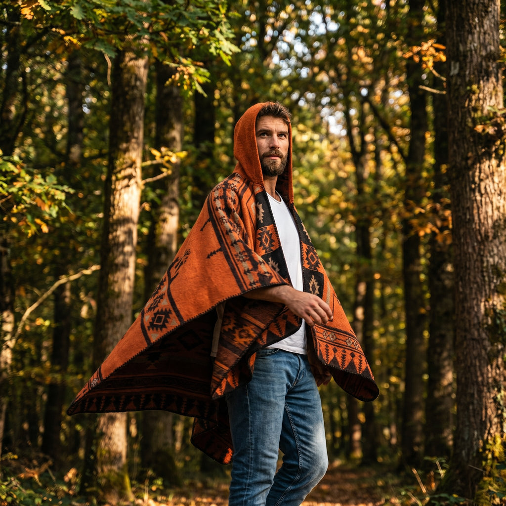 Poncho péruvien homme à capuche orange et noir, porté de profil par un homme en extérieur boisé