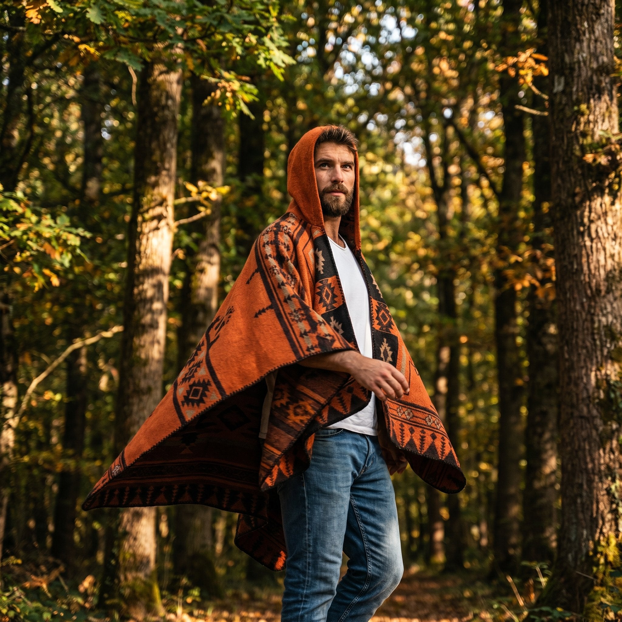 Poncho péruvien homme à capuche orange et noir, porté de profil par un homme en extérieur boisé