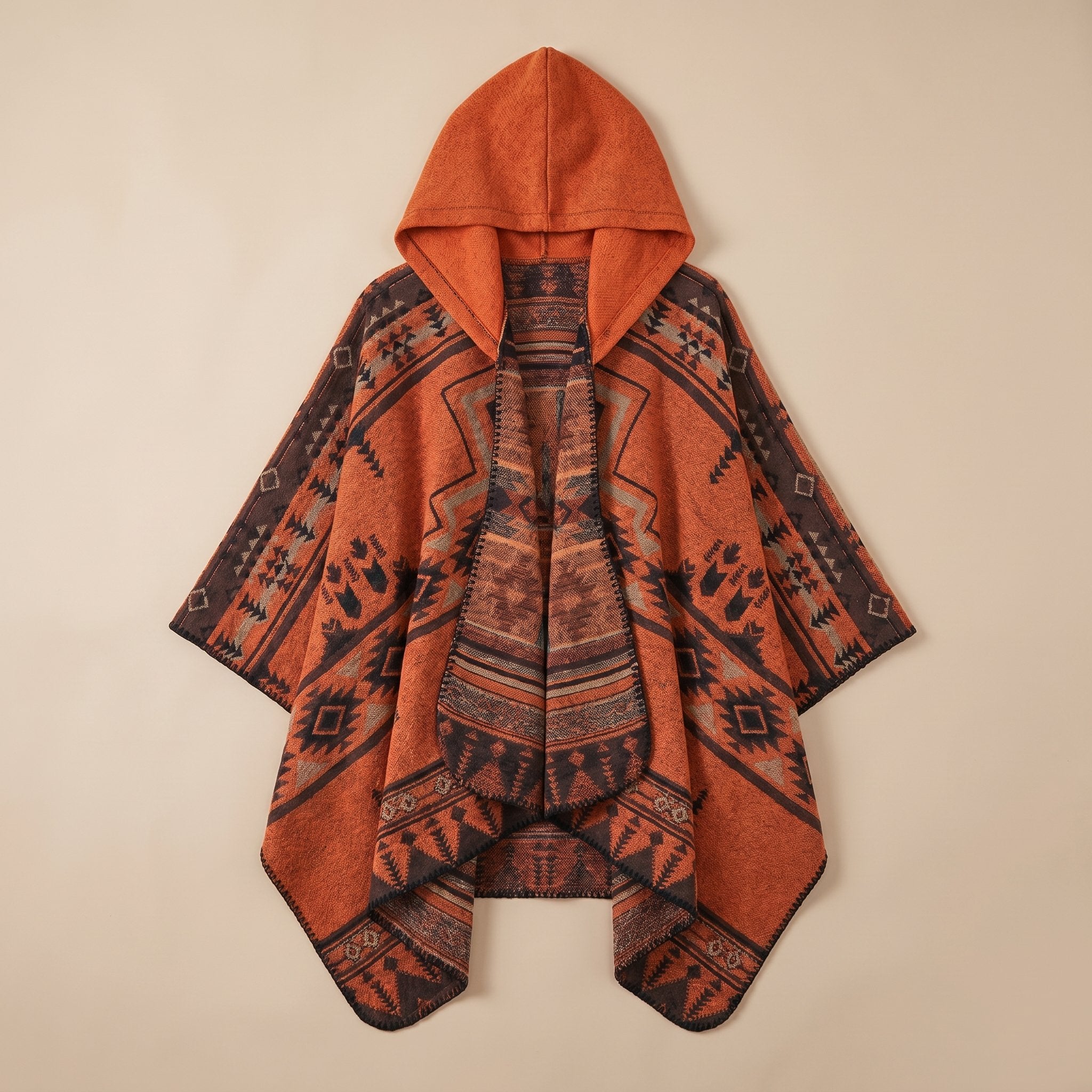 Poncho à capuche orange brûlé pour homme, avec des motifs géométriques marron foncé et gris, à plat