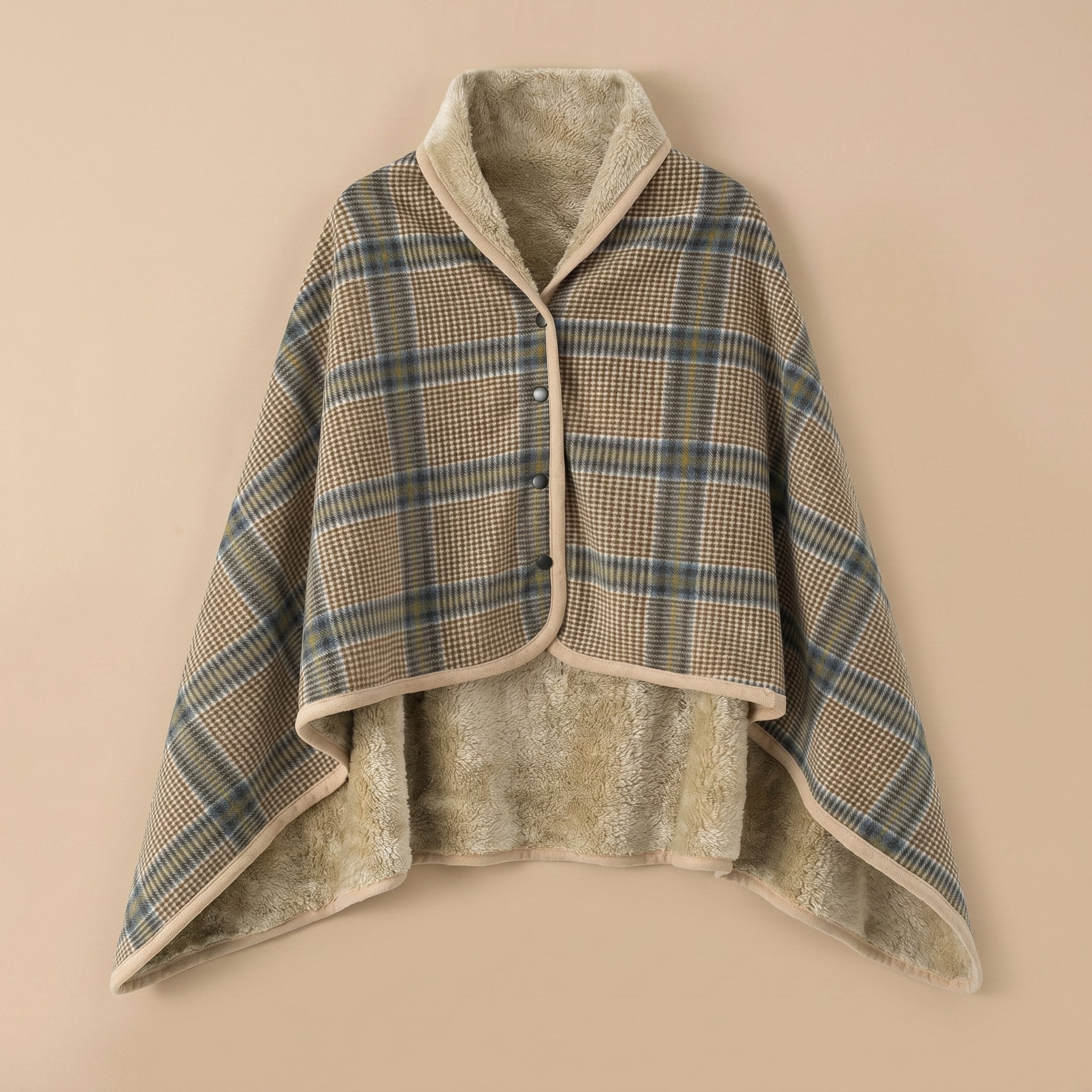 Poncho plaid · Carreaux beiges, présenté à plat, révélant son intérieur douillet en sherpa beige.