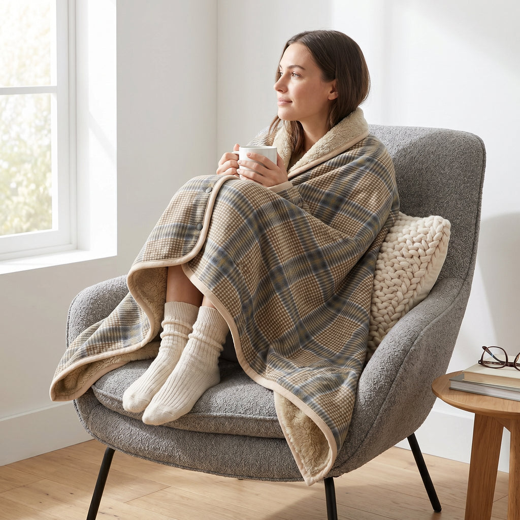 Poncho plaid · Carreaux beiges, porté par une femme assise dans un fauteuil, tenant une tasse.