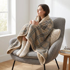 Poncho plaid · Carreaux beiges, porté par une femme assise dans un fauteuil, tenant une tasse.