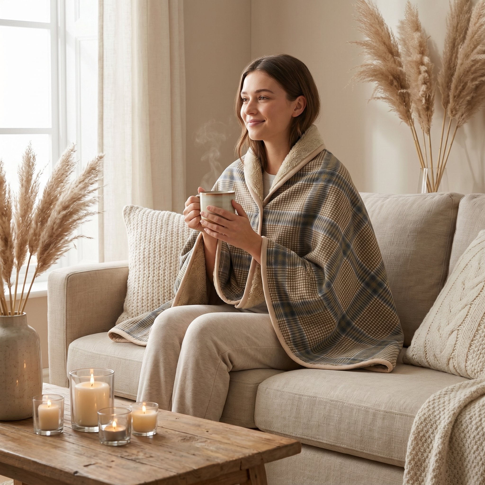 Poncho plaid · Carreaux beiges, porté par une femme souriante assise sur un canapé, avec une tasse fumante.